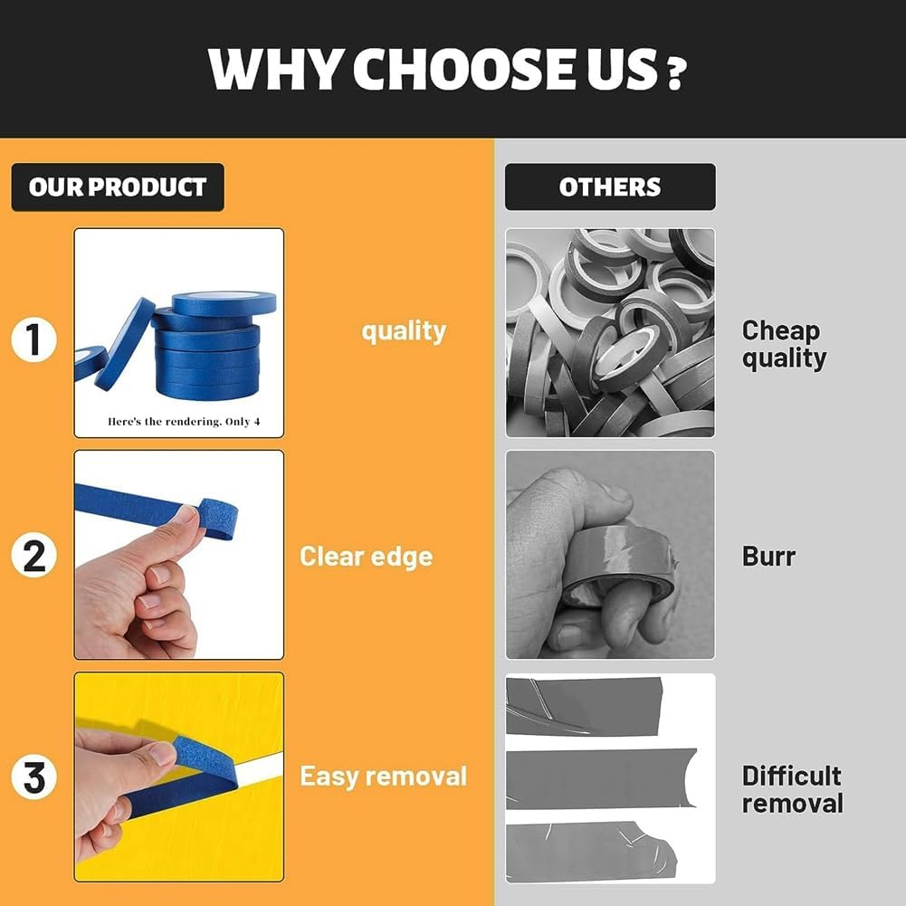 Blue Painters Tape Paint Tape Blue Tape for Painting Automotive Walls Packing Removable Free Residue, 4 Rolls