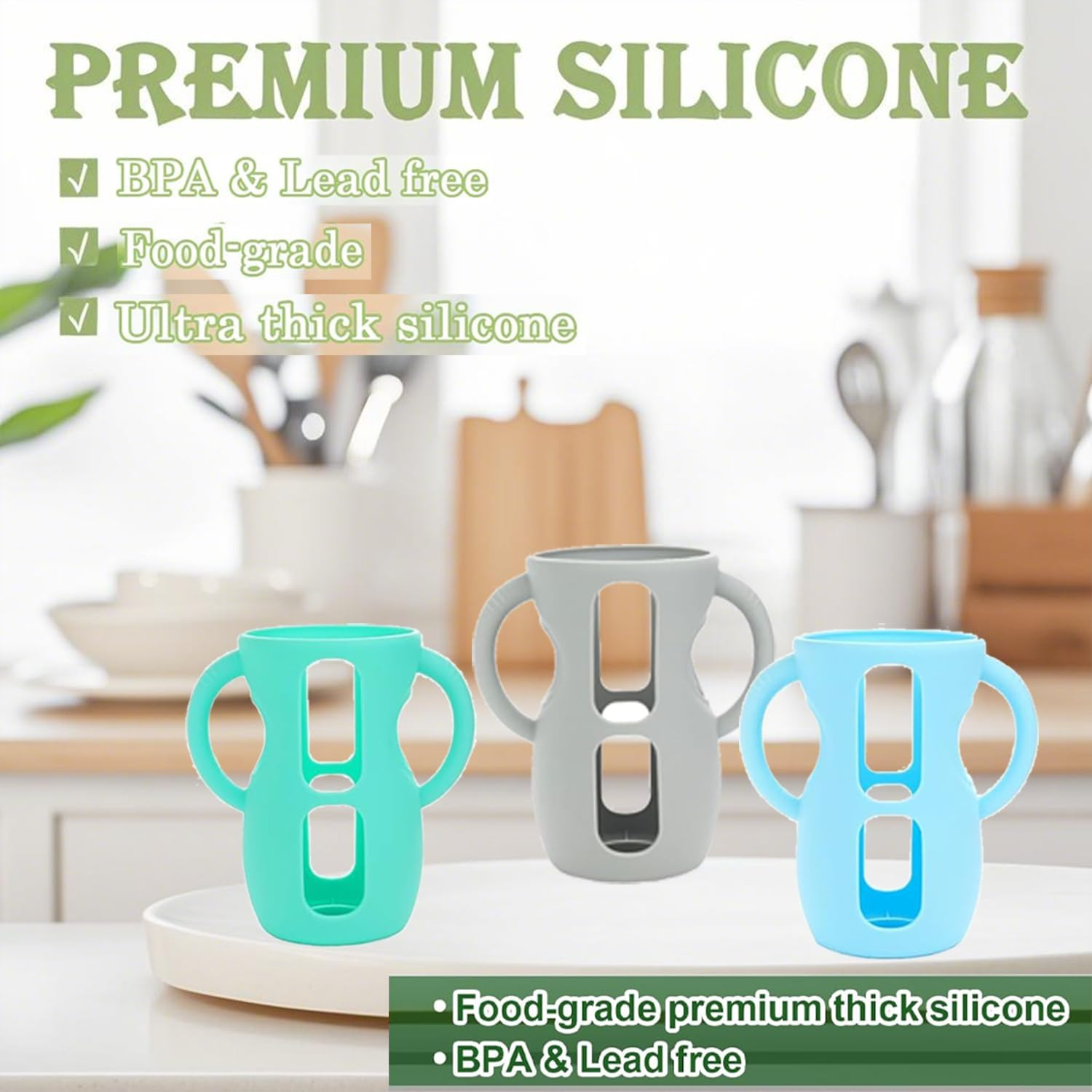 3-Pack Avent Glass Bottle Silicone Sleeve with Handles, Bpa-Free Drop-Resistant Baby Bottle Sleeves, Compatible with Philips Avent Natural Glass Baby Bottles (Bright Blue+Grey+Blue, 240Ml) image number 7