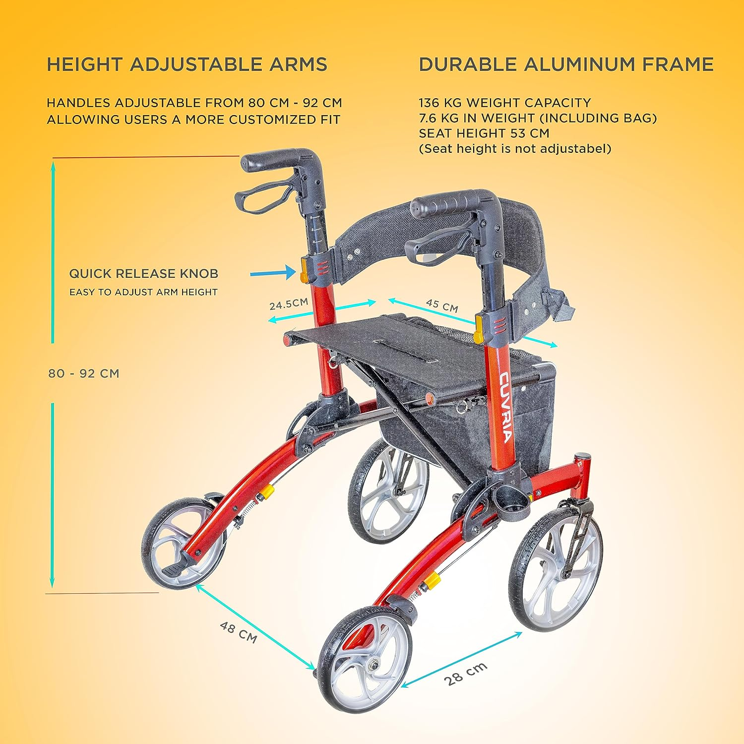 Australia Rollator|4 Wheel Walkers with Seat and Brakes for Seniors, Rollator Walker Seat, Backrest, Basket, Large Wheels- Easy Folding Senior Lightweight Mobility Walking Aid Adult RED - Hybrid Red image number 2