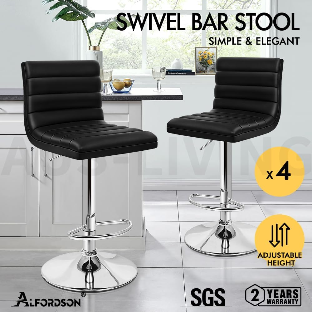 ALFORDSON 4Pcs PU Leather Bar Stool, Kitchen Barstools with Swivel Seat in 62-83Cm Adjustable Height Home Bar Counter Dining Chairs with Footrest & Floor Protector, Black - 2 X Ruel All Black image number 3