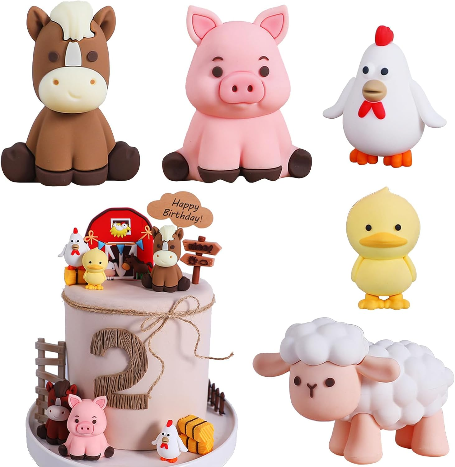 5Pcs Farm Animal Birthday Cake Decoration 3D Cartoon Farm Animal Cake Topper Sheep Cow Pig Duck Chicken Cake Decoration Cake Topper Cupcake Topper Picks for Baby Shower Kids Birthday Party image number 3