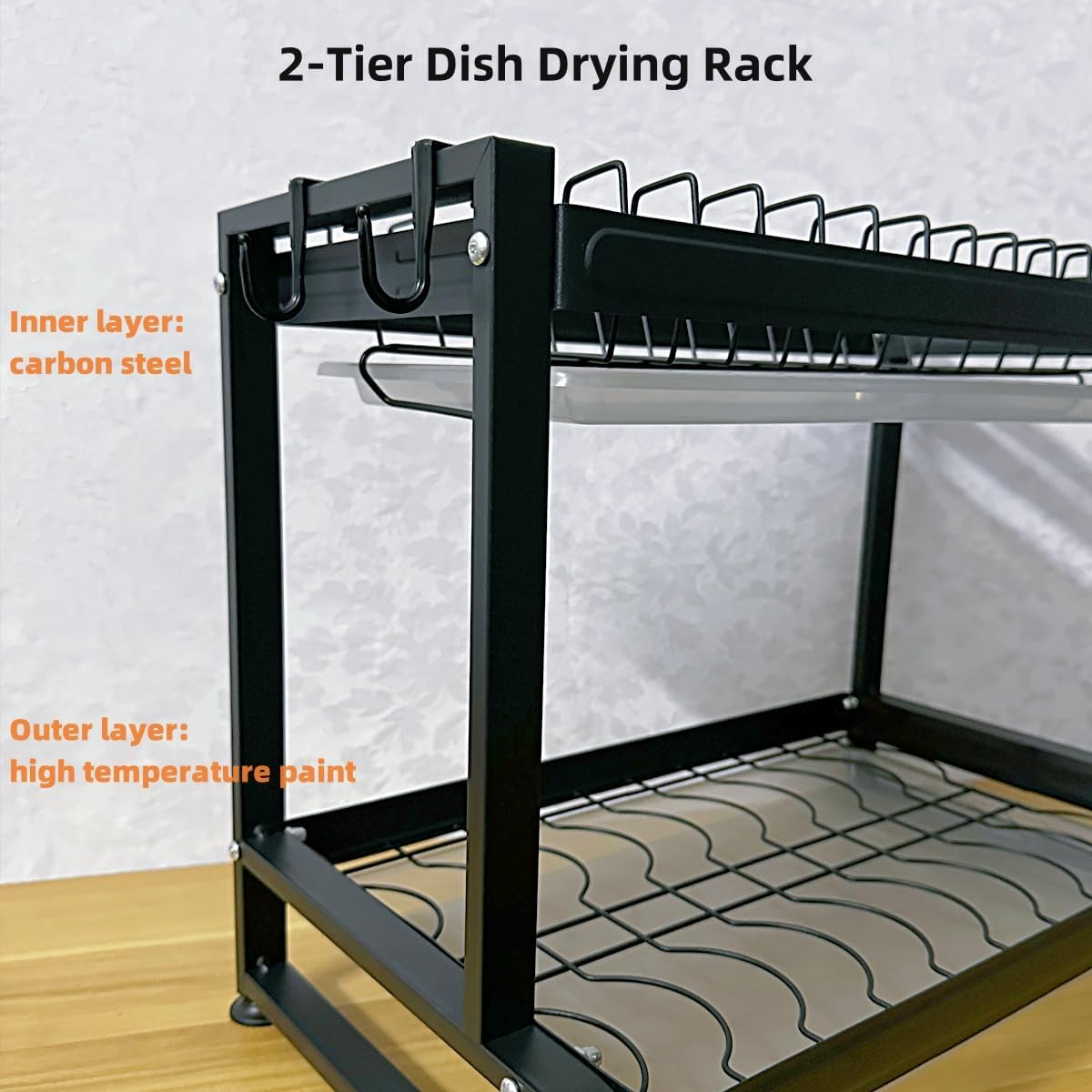 2-Tier Dish Drying Rack with Drainer Board, Rustproof Dish Drainer with Cutlery Utensil Rack & Holders for Kitchen Storage & Organisation, Black image number 1