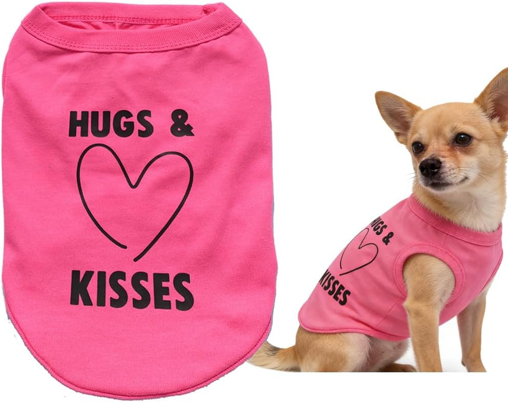 Hugs & Kisses Print Dog T Shirt, Breathable Cotton Clothes for Cats Dogs Yorkie, Pet Apparel Outfit for Birthday Valentine'S Day, Dog Lovers (Neck Girth 12.99'')