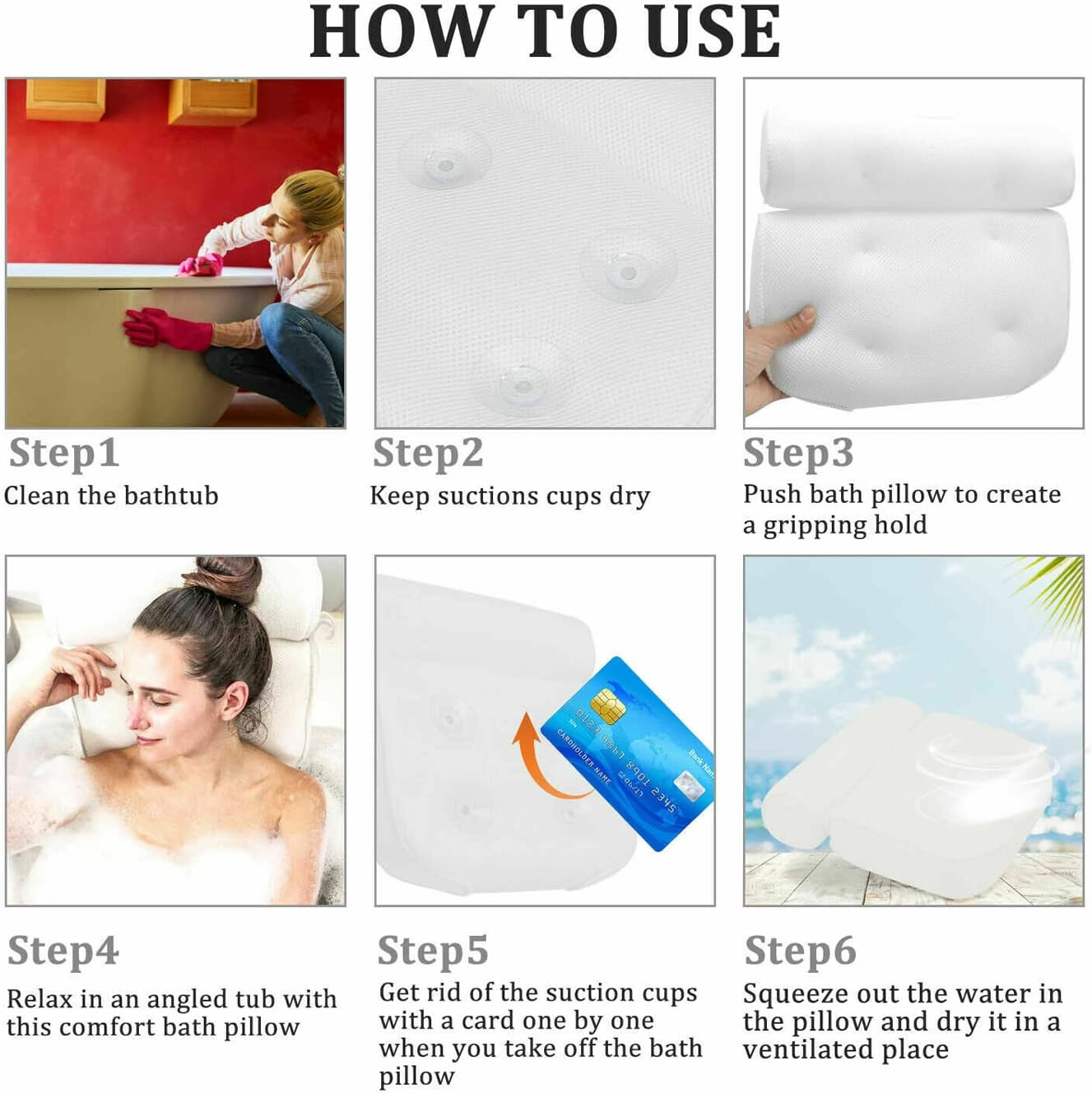 Bath Pillow, Bath Pillows for Bathtub, Bathtub Home Spa Soft Pillow with 3D Air Mesh Breathable and 6 Suction Cups, Head, Neck, Back and Shoulder Support, Air Dry with Hanging Hook image number 2