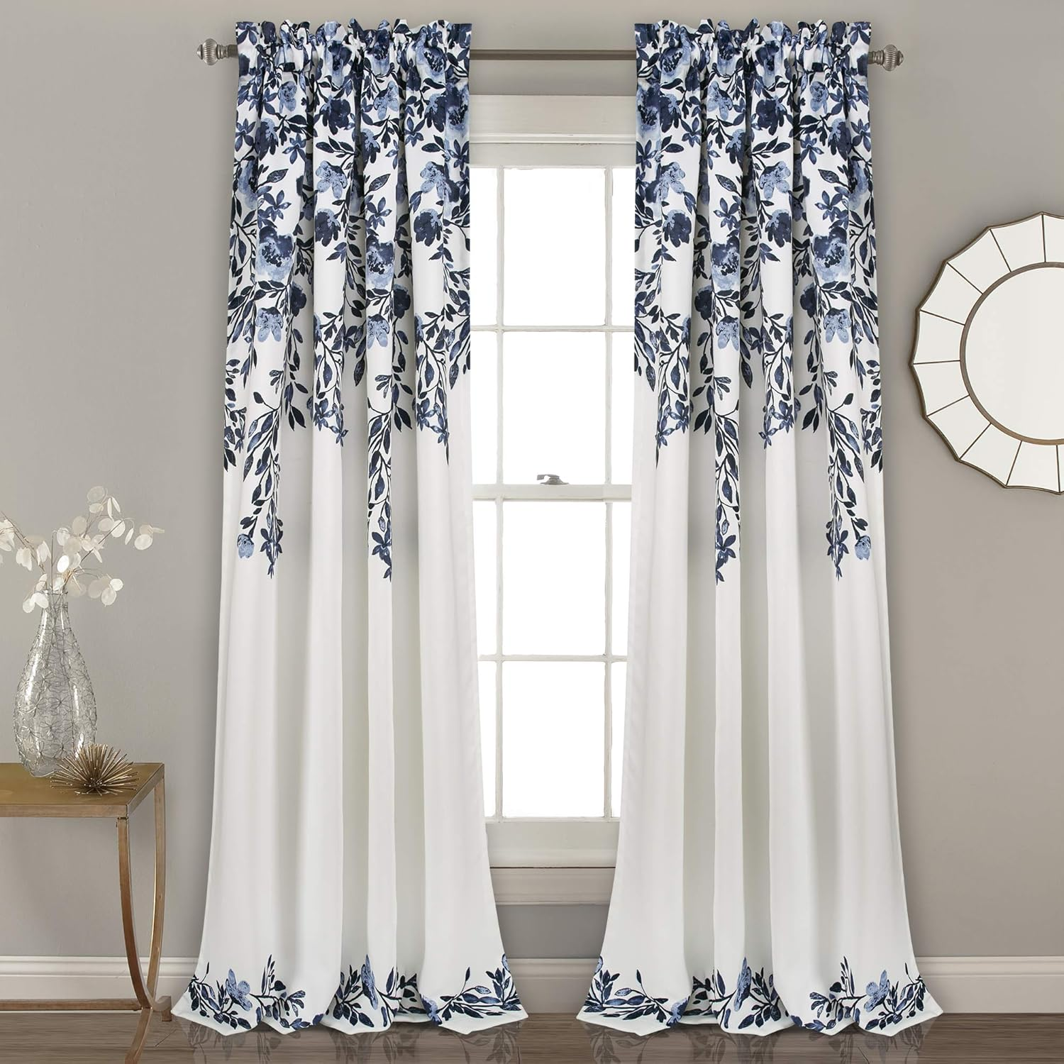 Lush Decor Tanisha Curtains - Light Filtering Window Panel Set, Pair - Floral Vine Print, Beautiful, Modern, Elegant Home Decor - 52" W X 95" L, Navy & White