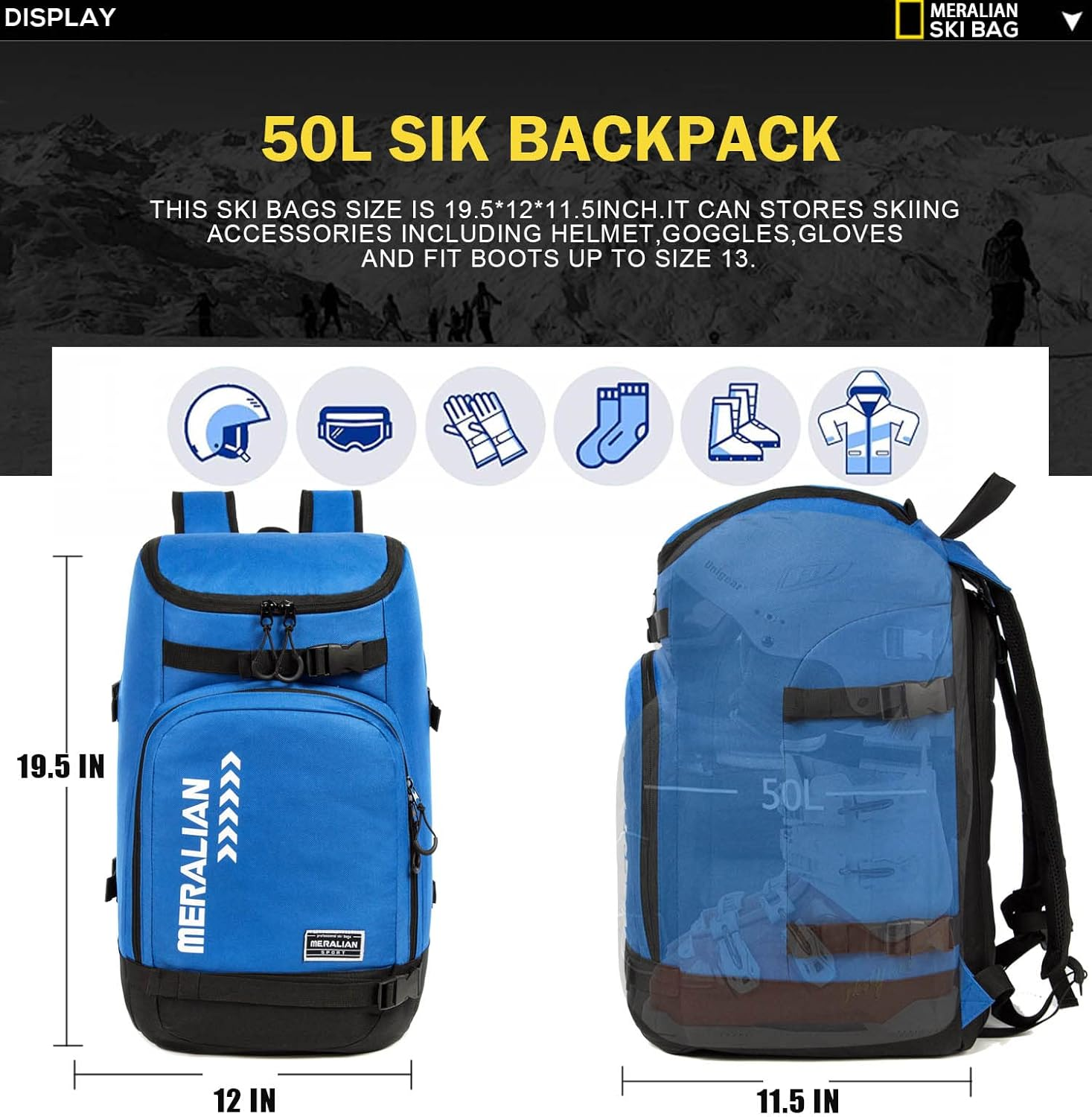 Ski Boot Bag - 50L Ski Boot Travel Backpack Waterproof Snowboard Boot Backpack for Travel Stores Gear Including Helmet, Goggles And image number 6