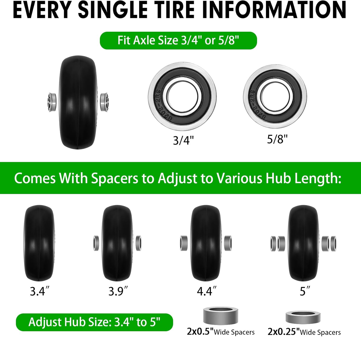11X4.00-5" Lawn Mower Tire on Wheel Flat Free 2 PCS, 3/4" or 5/8" Bearing, Solid Mower Wheel for Residential and Commercial 3.4"-5" Centered Hub, Zero Turn Mower Front Tires image number 3