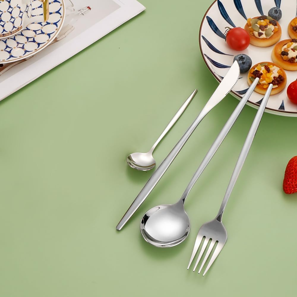 Tongke Portable Cutlery Set with Case 4 Pcs Premium Stainless Steel Flatware Set, Include Fork Knife Spoon Silverware Set for Lunch Camping School Picnic Workplace Travel(Black) - Silver image number 5