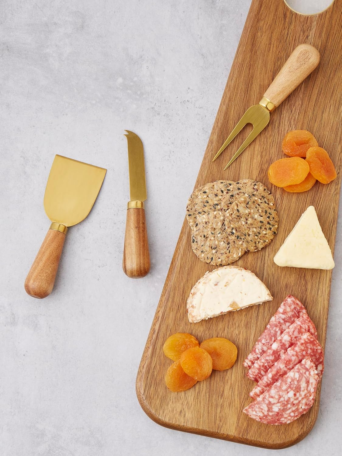 DAVIS & WADDELL Acacia Cheese Knives with Brass Finish, Set of 3 - Stylish Serving Tools for Soft and Hard Cheese, Elegant Natural Wood Design for Entertaining or Everyday Use image number 3