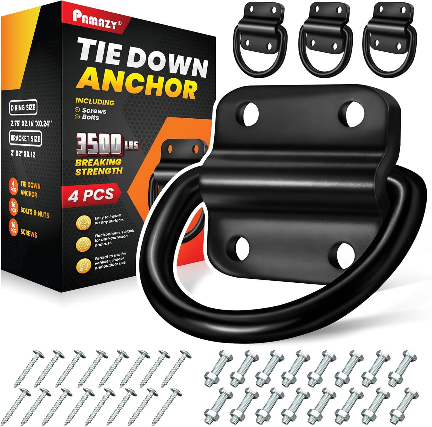 6PCS Heavy Duty Steel D Rings Tie down Anchors, Ultra Durable 3500 Pound Breaking Strength Surface Mount Hooks Securing Cargo for Trailer, Truck Bed, with Screws & Bolts
