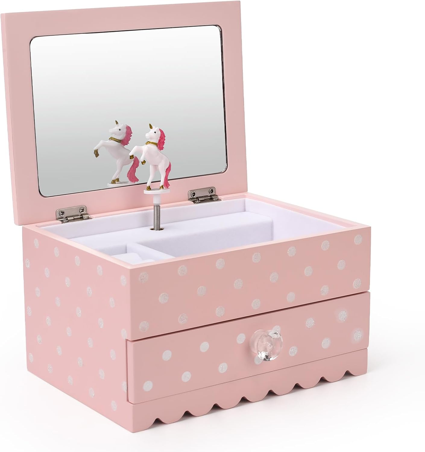 Bella Unicorn Musical Jewelry Box for Girls and Teens &ndash; Painted Wood Box with Sparkling Polka Dots &ndash; Dancing Little Unicorn &ndash; Charming Room D&eacute;cor and Childhood Memories Keepsake Box (White)