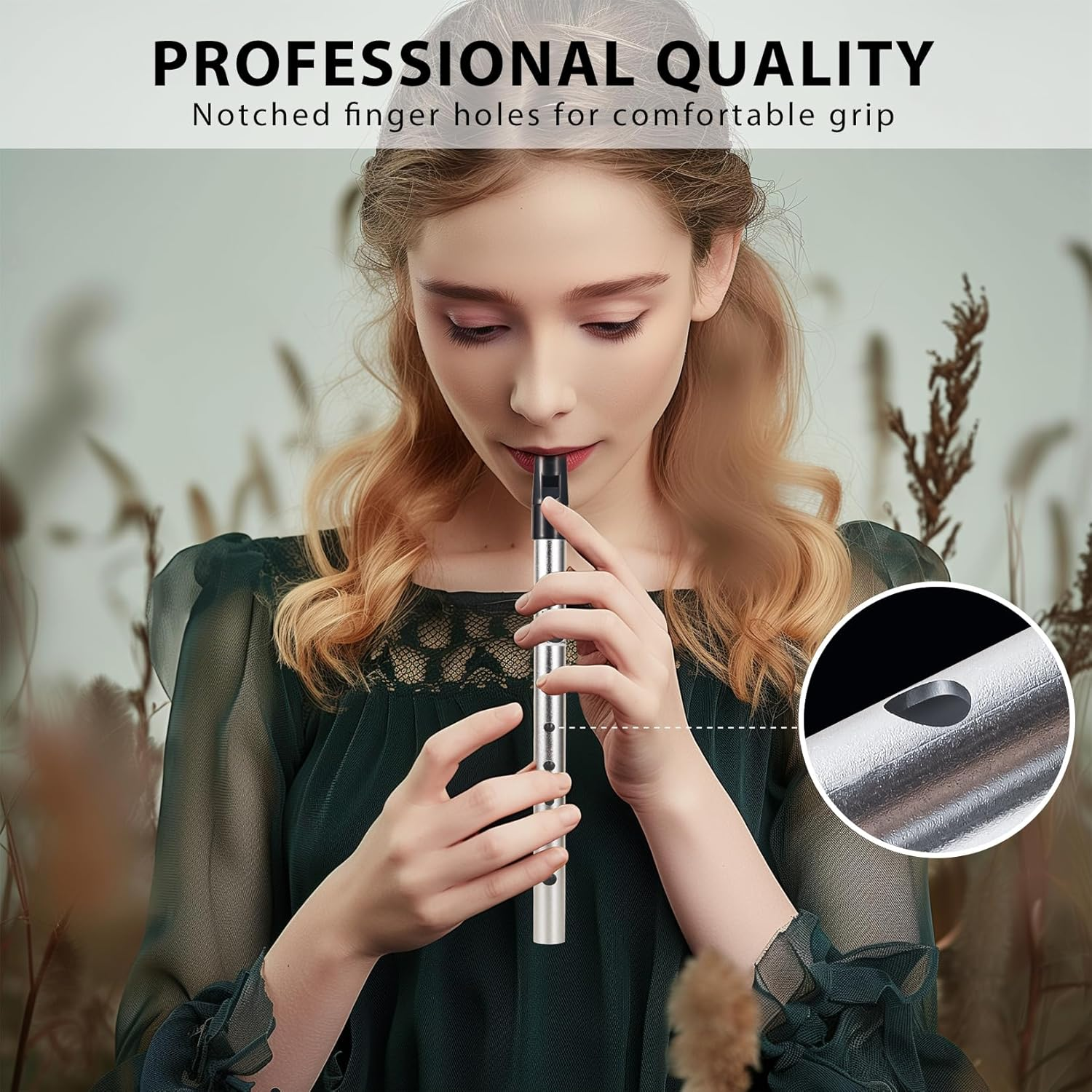 Vixxnoxx Irish Tin Whistle in C Key with Music Book & Bag, 6-Hole Traditional Penny Whistle Flute for Adults & Beginners, Brass Wind Instrument for Celtic Folk Music (Sliver) image number 3