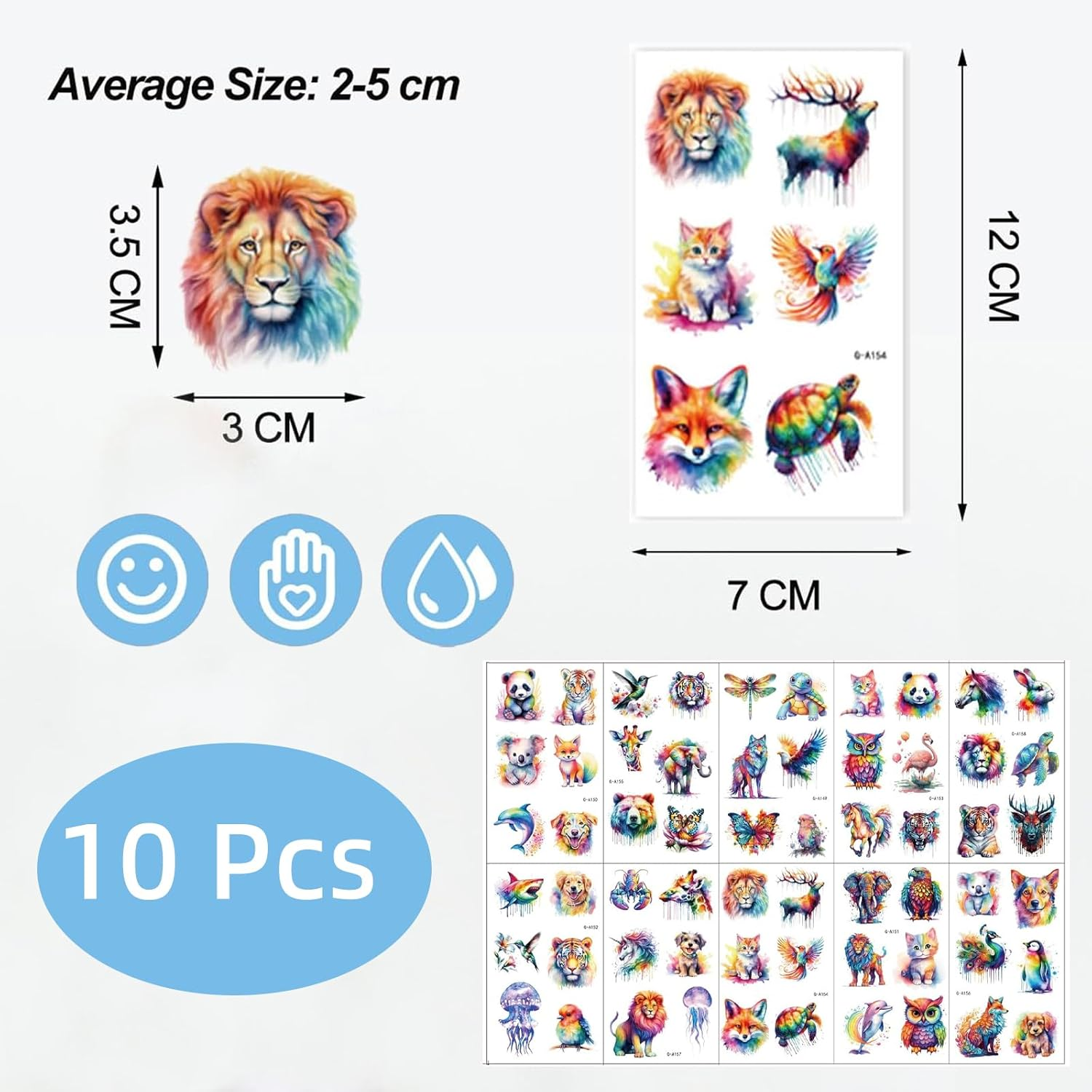 Pack of 10 Watercolour Animal Tattoos for Children, Waterproof Temporary Tattoos, Disposable Children'S Tattoos, Skin-Friendly, Adhesive Tattoos for Birthday Parties, Carnival Gifts, Classroom Rewards image number 3