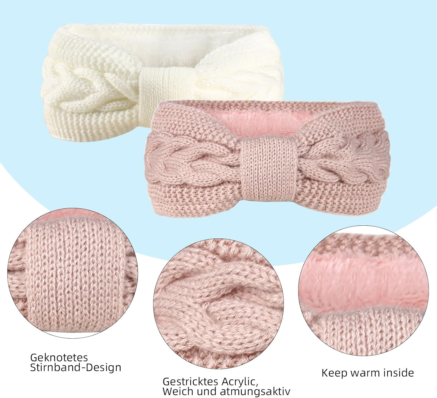 Pack of 2 Women'S Winter Headbands, Knotted Knitted Headband, Women'S Knitted Ear Warmers, Hair Band, Thick Headwrap Hair Bands, Girls Ear Warmers Headbands (White + Pink) image number 2