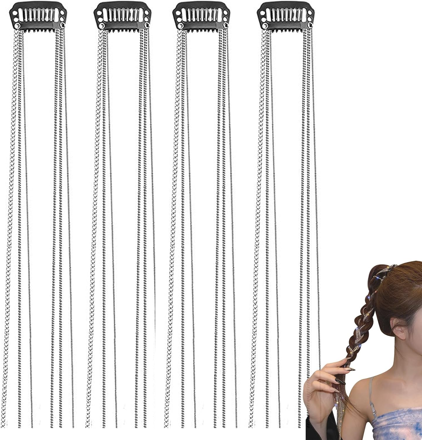 DHWEKU Rhinestone Hair Chains, Pack of 4, Punk Tassel Hair Clips, Chains, Crystal Hair Clips, Long Hair Clips with Rhinestones, Bling Hair Accessories for Women and Girls