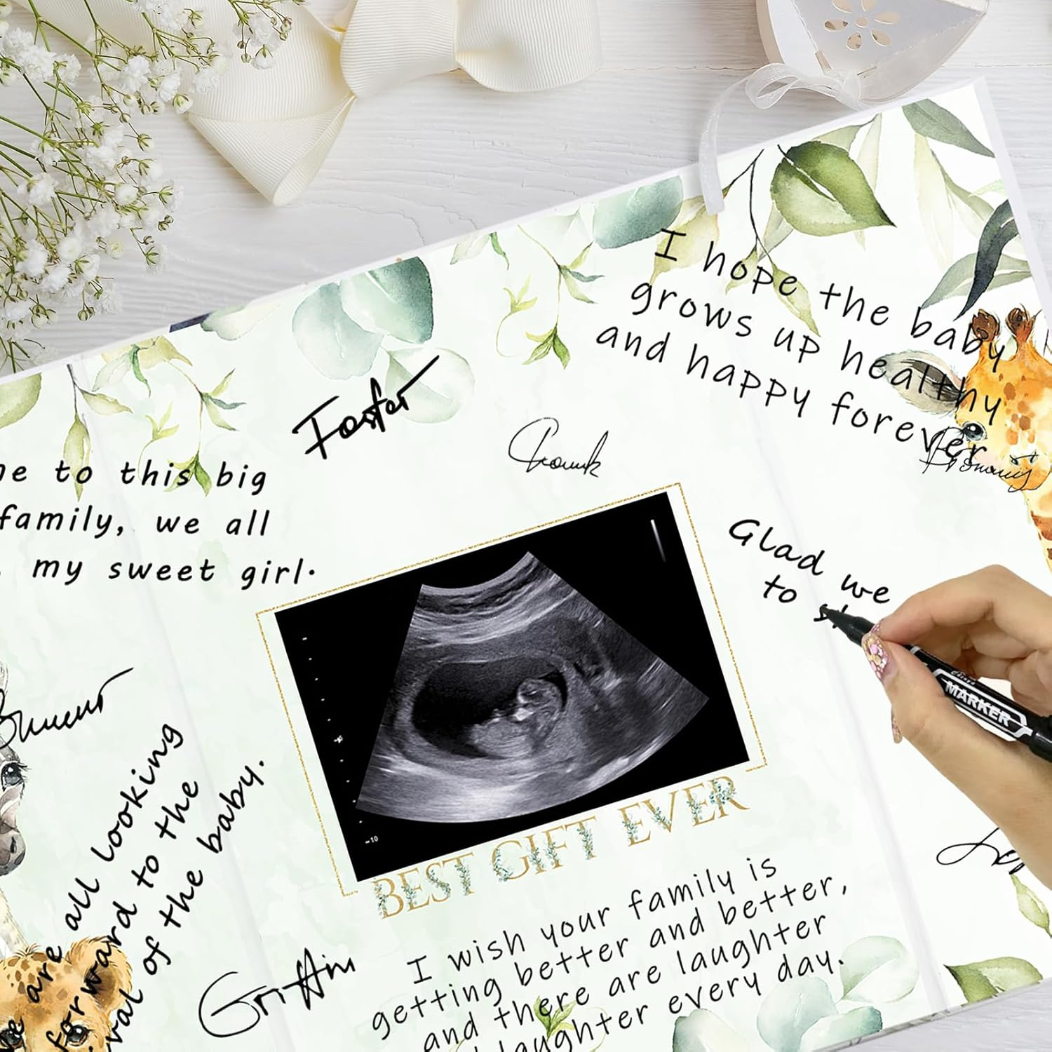 Vlipoeasn Baby Shower Guest Book Alternative, DIY Cute Baby Shower Signature Book, Baby Shower Party Decorations, Green and White Baby Shower Party Sign in Book image number 1