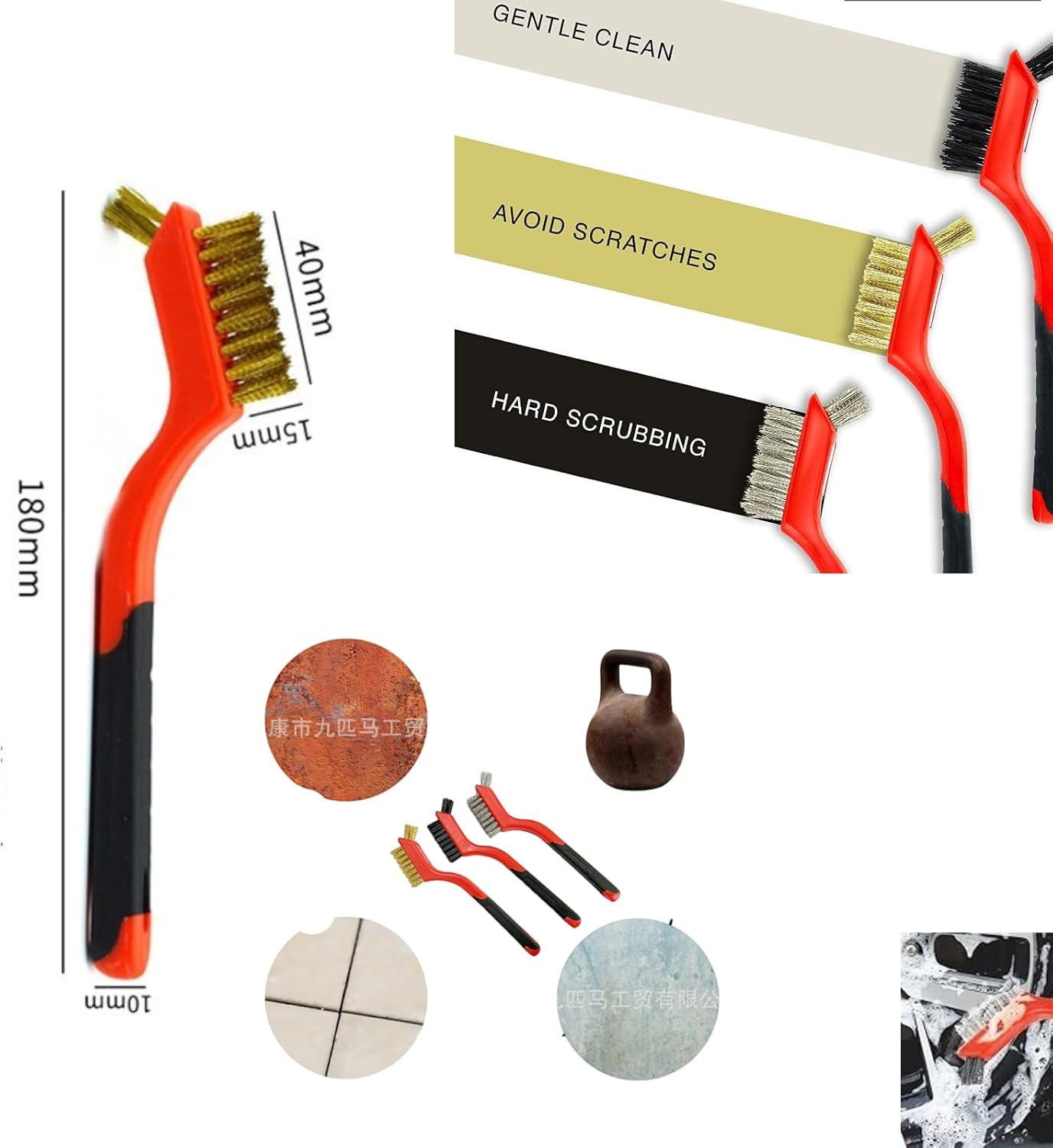 Kalione 3-Piece Wire Brush Set, 7-Inch Stainless Steel, Nylon and Brass Bristles with Ergonomic Curved Handle for Rust, Paint and Dirt Removal, Deep Cleaning, Cleaning Dirt & Paint Scrubbing (Red)