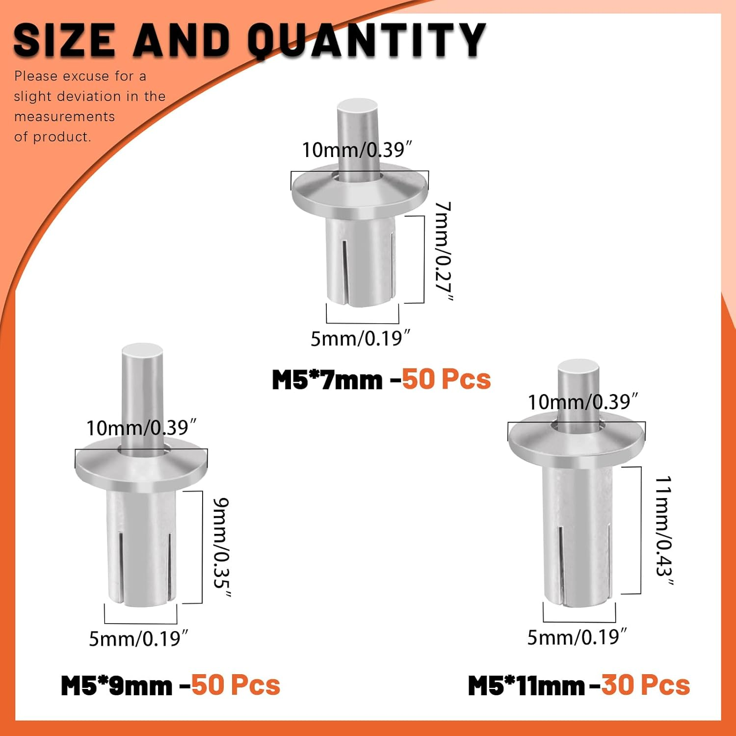 Tanstic 130Pcs 3 Sizes Half round Head Aluminum Core Rivet Drive Rivets Hammer Drive Rivets Knock Type Expansion Aluminum Rivet for Home Industry (M5X7,M5X9,M5X11Mm) image number 1