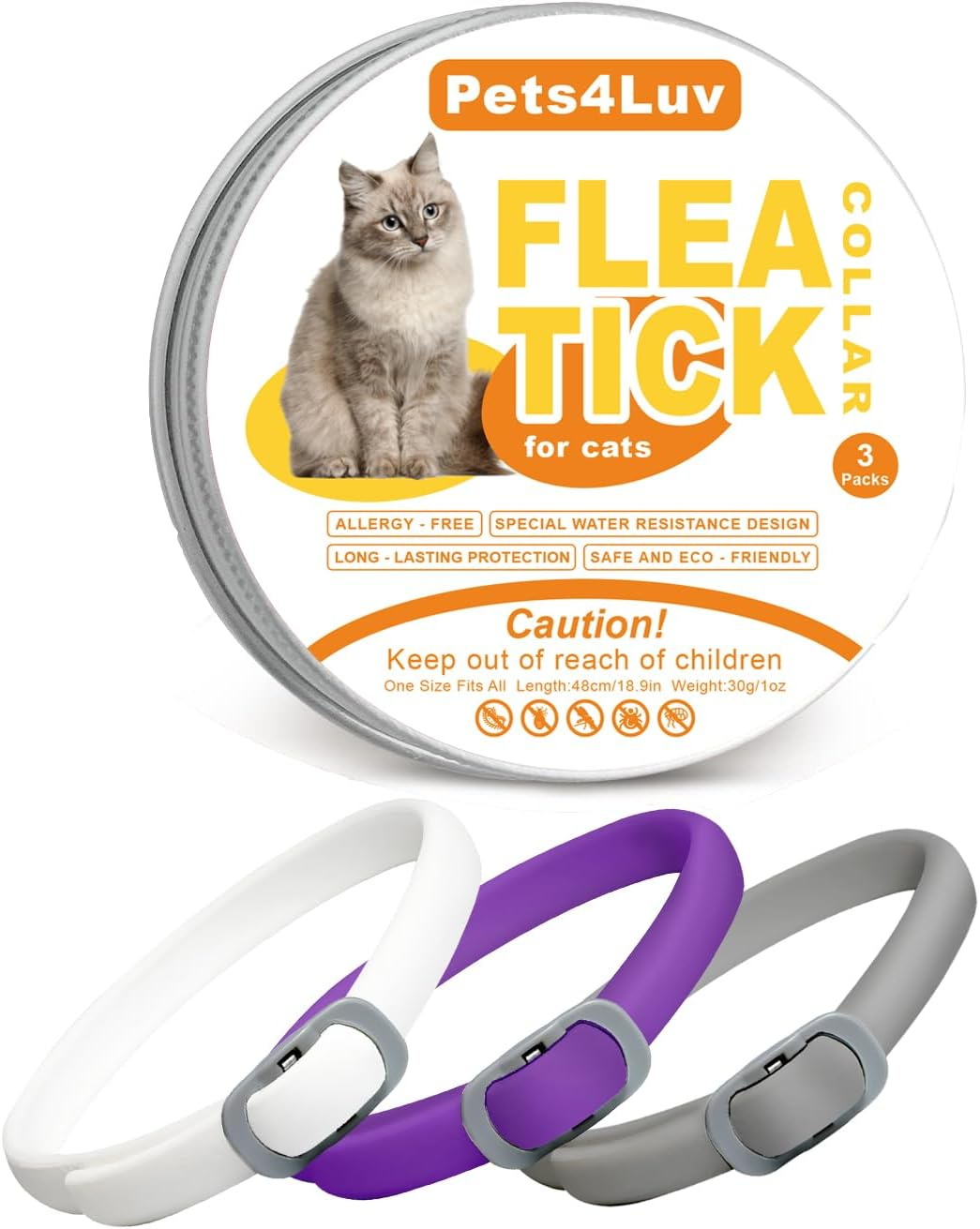 Pets4Luv Flea and Tick Collar for Cats, Natural Flea and Tick Prevention for Cats, 8 Months of Protection, One Size Fits All Cats, Adjustable and Waterproof, Pack Of, 3Pcs