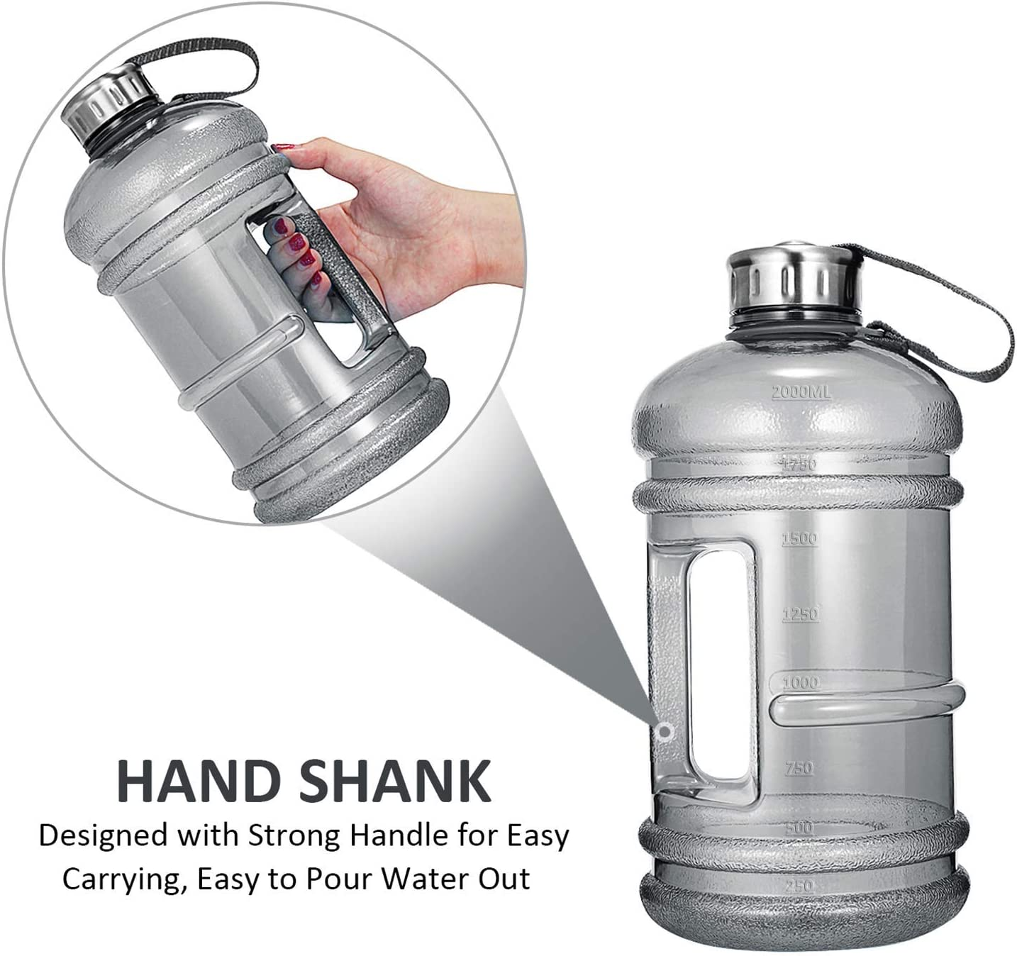 Vaupan Half Gallon Big Water Bottle, 2.2L/73 OZ Large Leak Proof Sports Jug with Handle,Huge BPA Free PETG Plastic Wide Mouth Drinking Container Flask for Fitness Gym Biking Travel Outdoor Water Jug image number 5