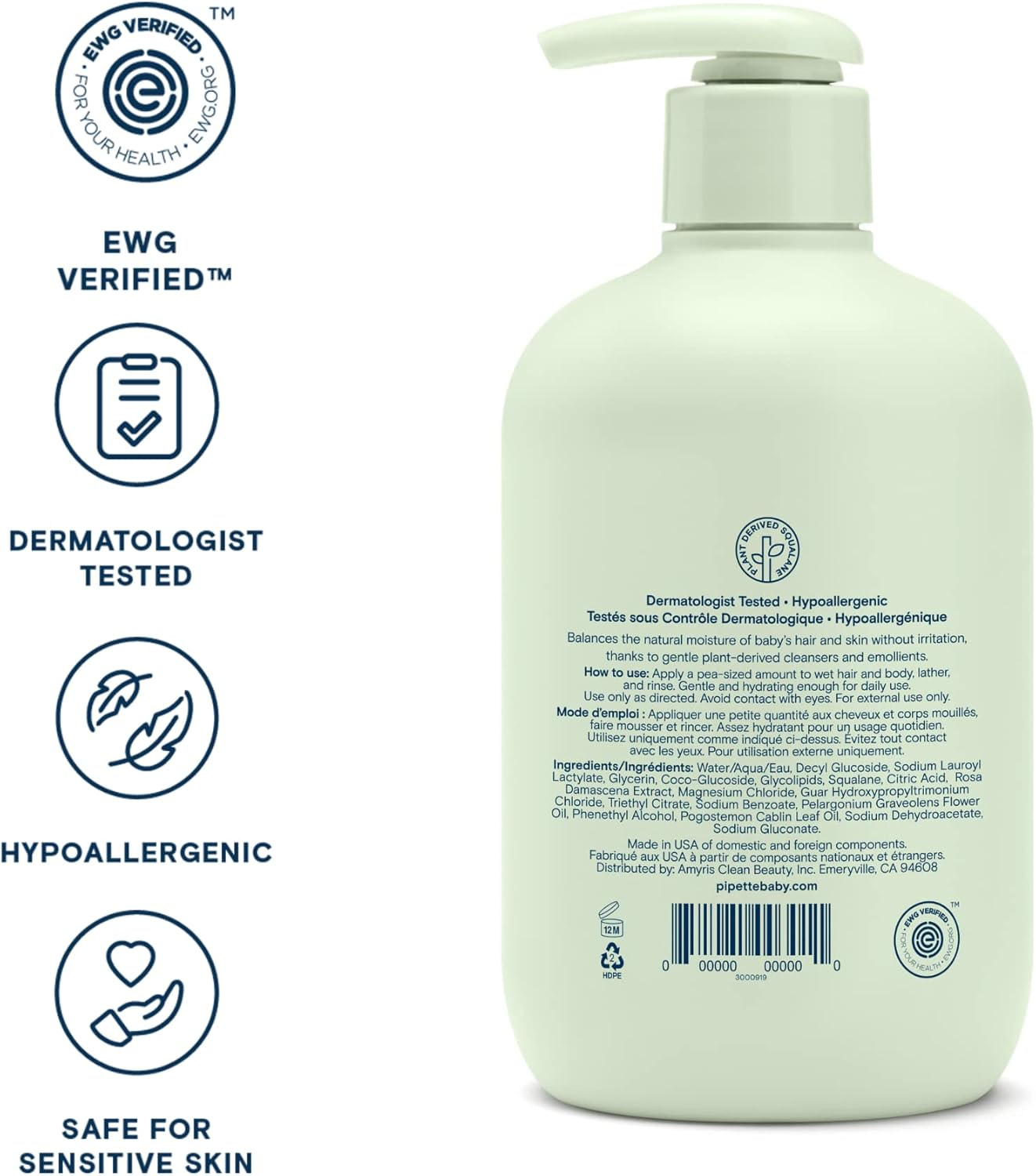 Pipette Baby Shampoo and Body Wash - Fragrance Free, Tear-Free Bath Time, Hypoallergenic, Moisturizing Plant-Derived Squalane, New Formula, 11.8 Fl Oz image number 2