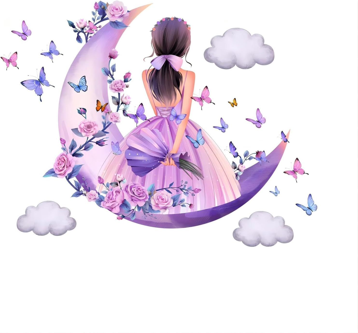 Butterfly Girl Wall Sticker, Moon Clouds Flower Fairy Wall Decal, Pink Floral Photo Wallpaper, Colourful Butterflies Wall Decoration, Wall Art for Girls, Baby, Children'S Room, Bedroom image number 3