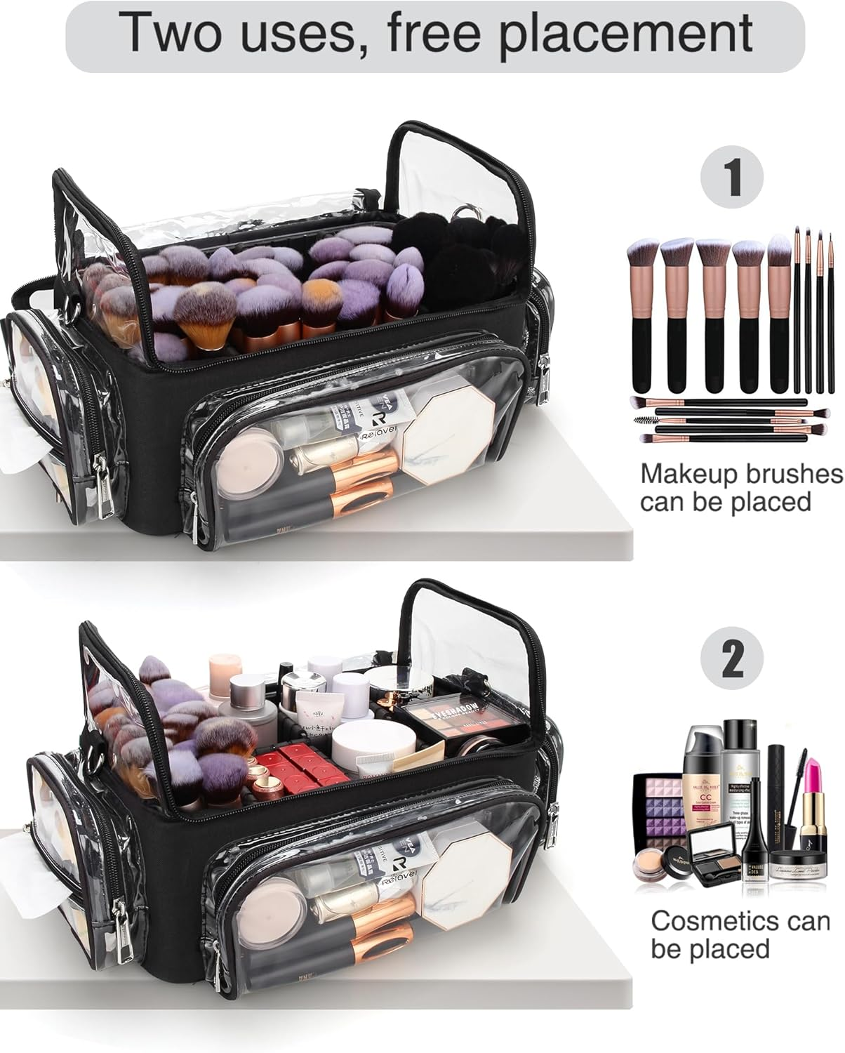 Makeup Brush Case, Large Makeup Brush Holder Professional Makeup Artist Travel Case Clear Waterproof Cosmetic Organizer Bag, with Adjustable Strap and Dividers, I Clear, X Large, Makeup Brush image number 3