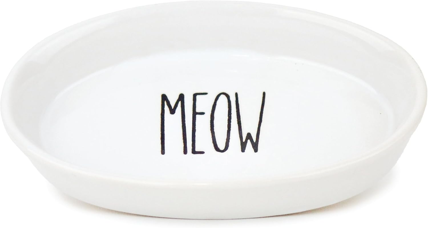 Cattitude Cat Dish Ceramic Meow, White - Cat Bowl, Handcrafted, Durable, Heavyweight Stability