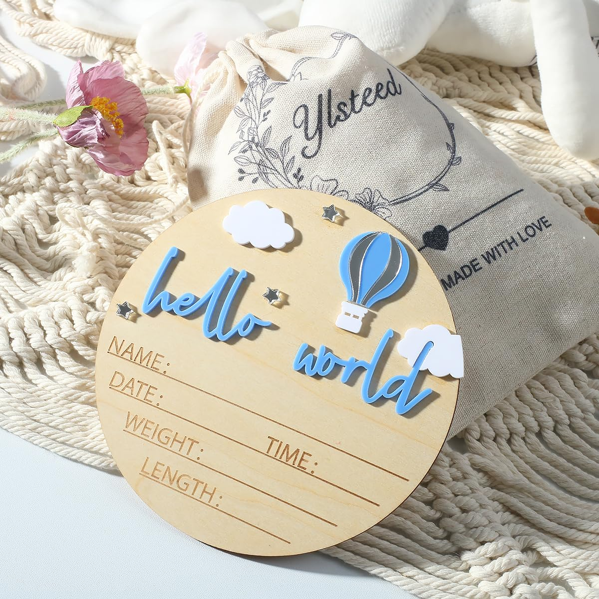 Ylsteed Baby Announcement Sign - Wooden Hello World Newborn Signs for Boy and Girl, Baby Birth and Shower, Hospital Nursery Decor image number 1