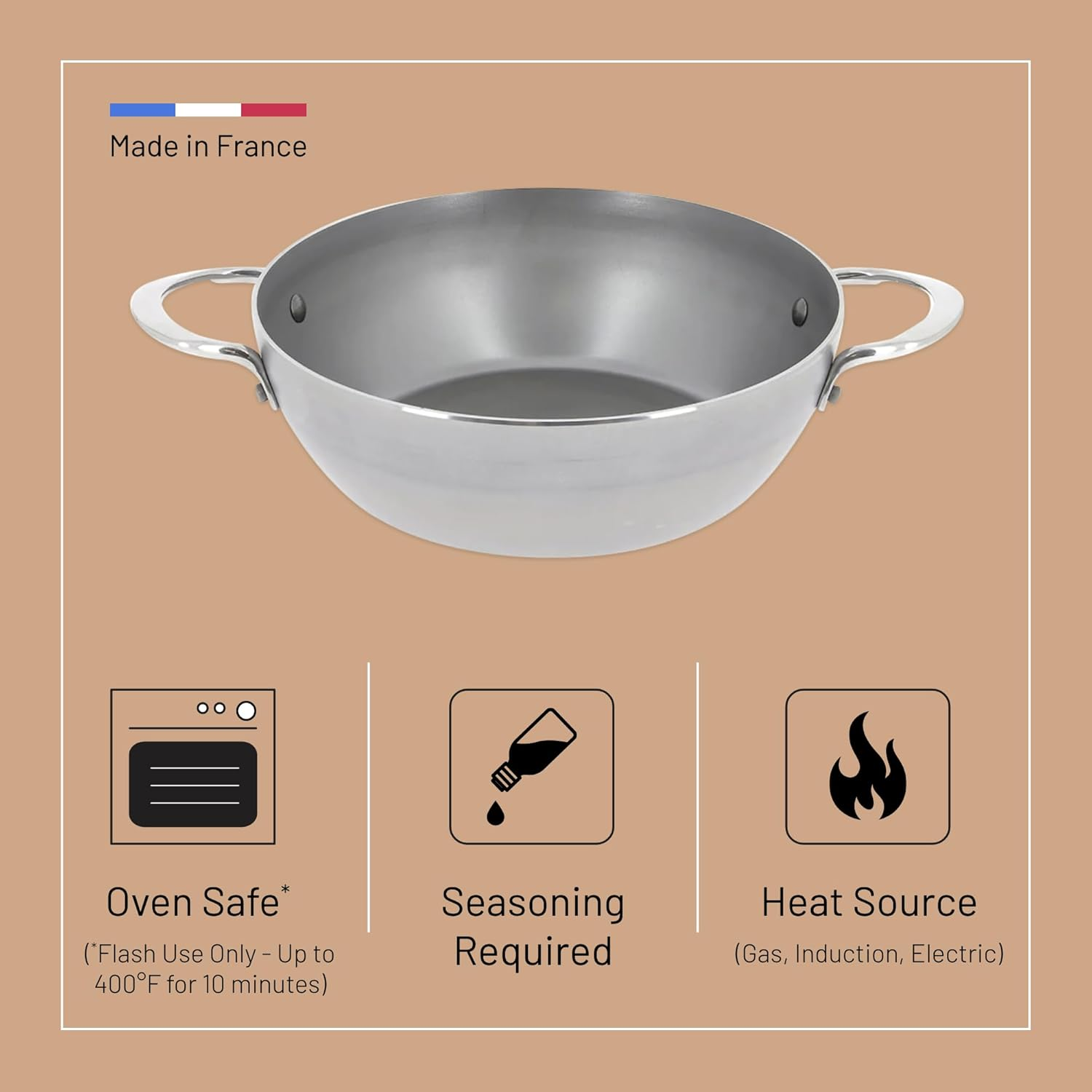 De Buyer Mineral B Carbon Steel Country Fry Pan with 2 Handles - 9.5&rdquo; Diameter, 6.9&rdquo; Cooking Surface - Ideal for Sauteing, Simmering, Deep Frying, Stir Frying - PFAS, PFOA, PFOS Free - Made in France image number 4
