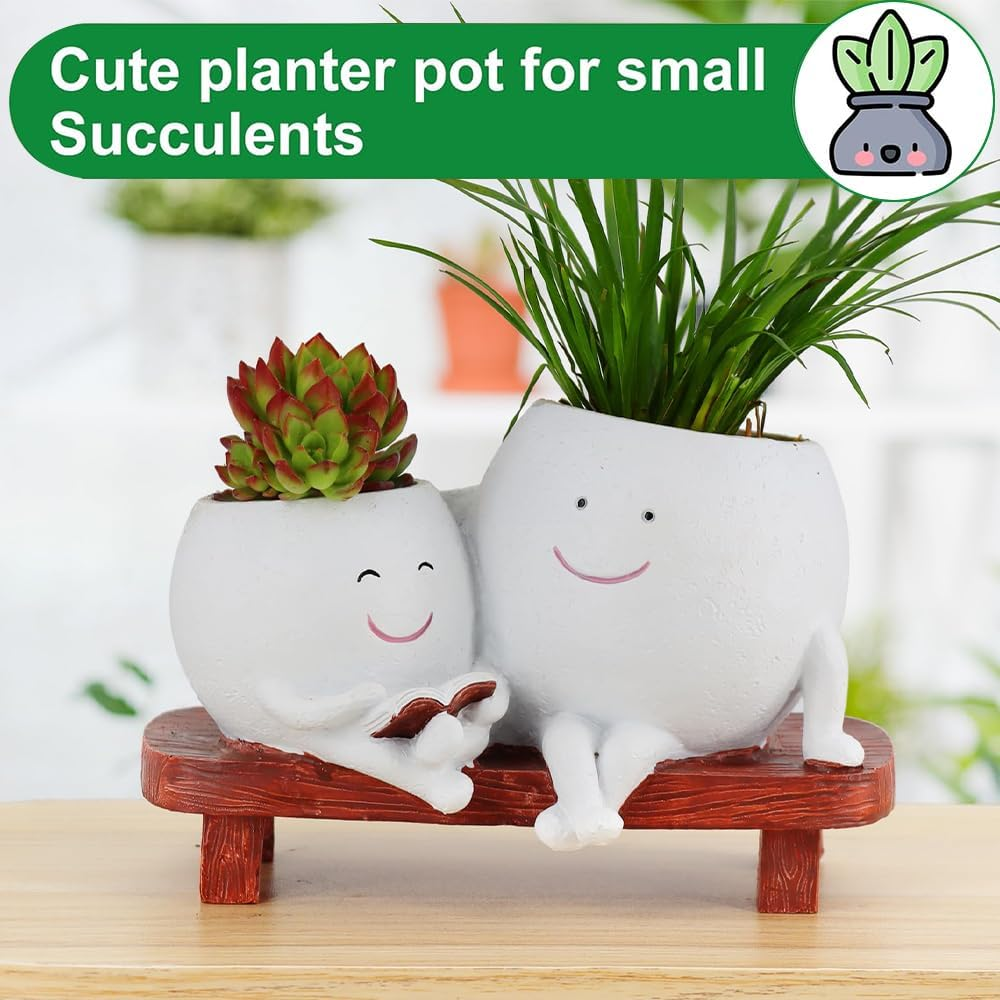 TOMVAES Plant Pots for Succulent Planter,Decorative Double Smiley Face Indoor Plant Pots,Resin Flowerpot,Bonsai Pot Desktop Ornament,Desk Decor Succulent Pot for Patio,Yard,Living Room (White) image number 2
