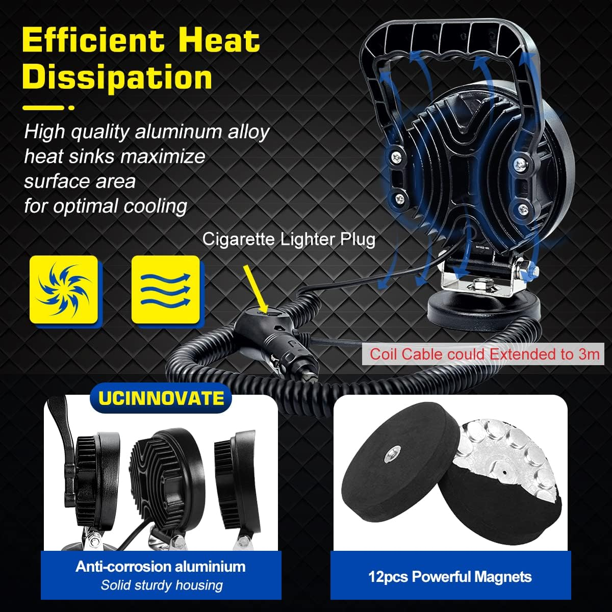 UCINNOVATE 12V 24V 27W round Magnetic Base LED Work Light Floodlight Offroad Driving Work Lamp Bar Flood Beam Fog Light for Car Truck Boat 4X4 IP67 Camping Light Lamp image number 3