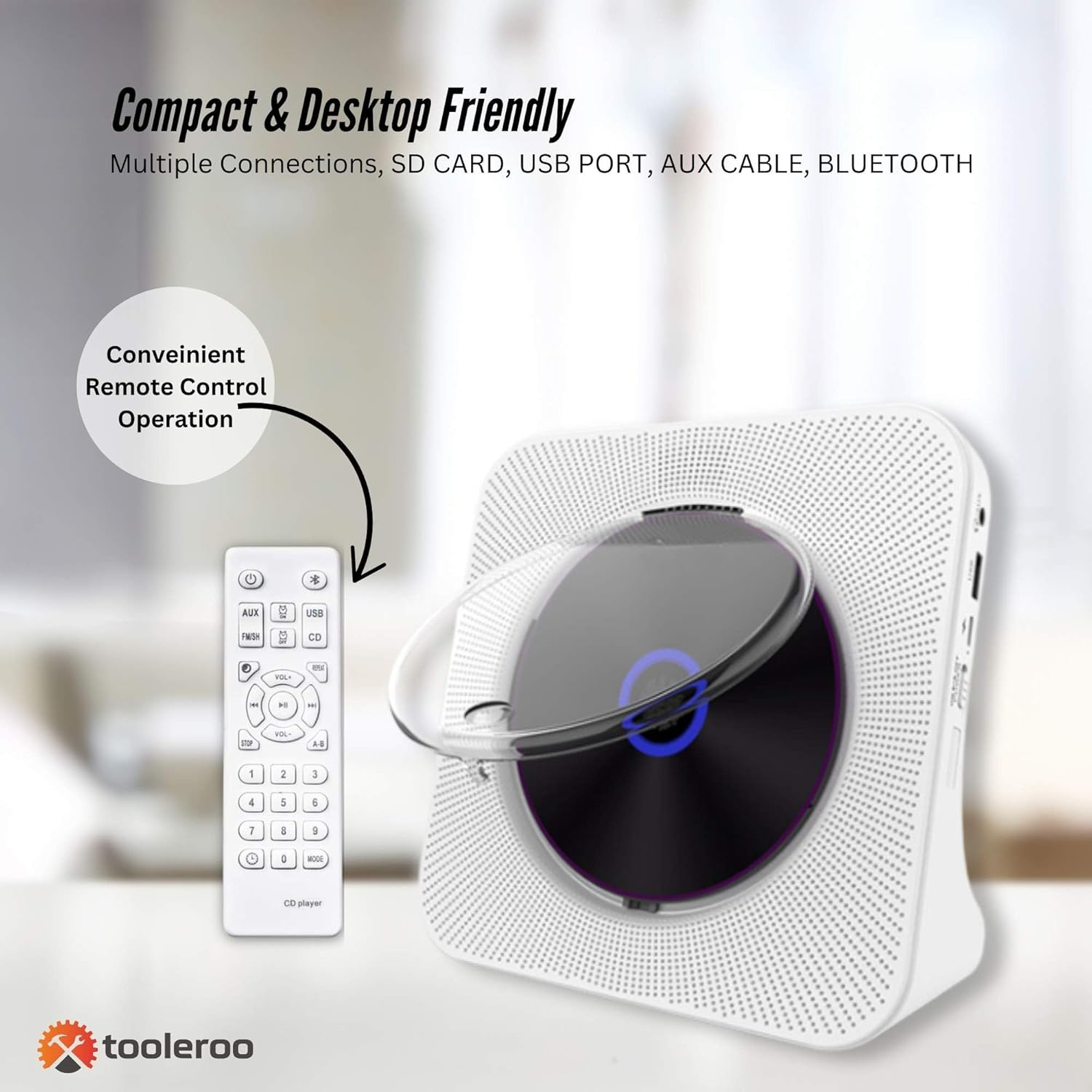 Tooleroo USB Rechargeable Desktop CD Player Speaker &ndash; Bluetooth Portable White image number 6