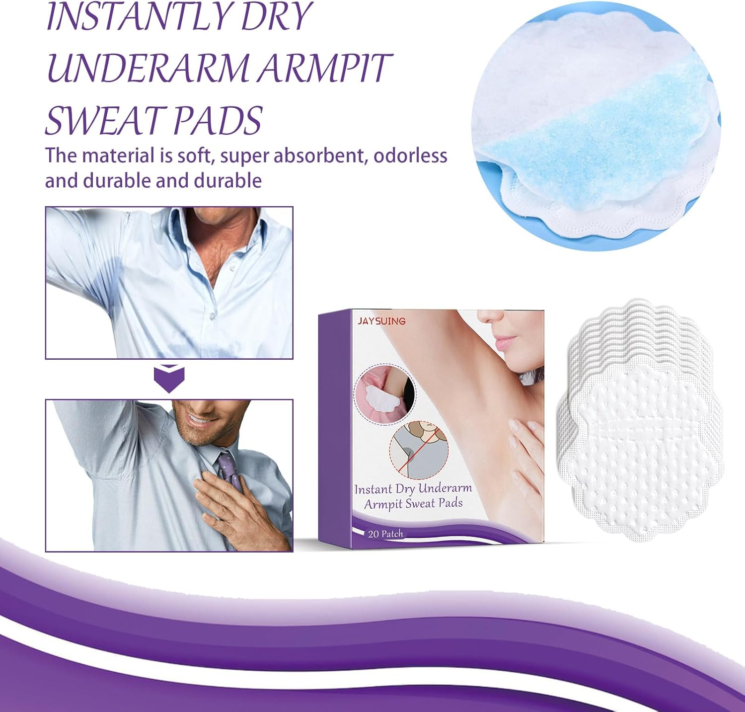 Instant Dry Underarm Sweat Pads, Disposable Armpit Perspiration Patches, 20 Pack, White image number 1