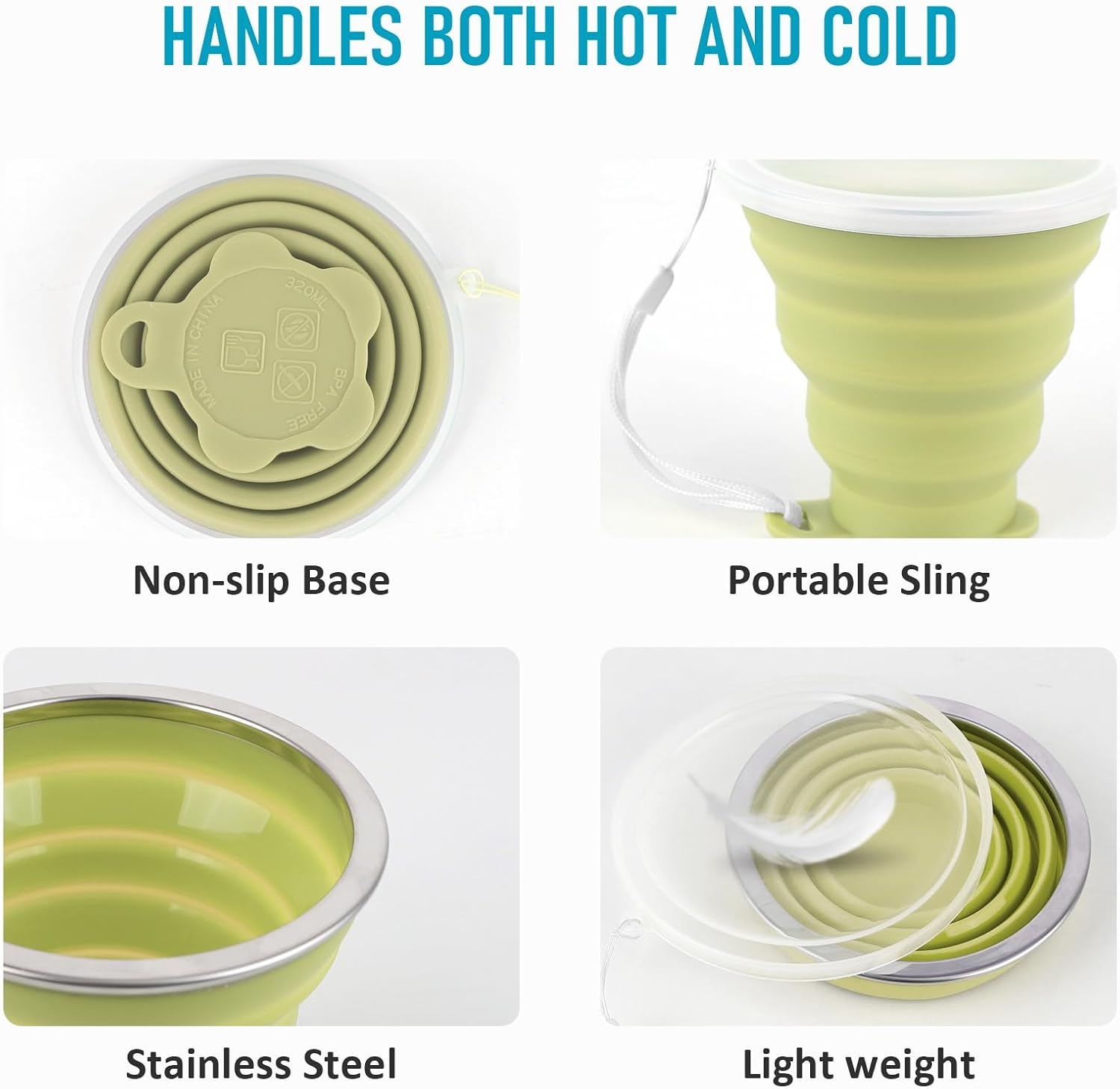 Ddluck Silicone Collapsible Camping Cup, 4 Pack 320Ml Foldable Travel Mug, Folding Portable Cups with Plastic Sealing Lid, Reusable Mugs Set for Picnic, Camping, Office, Outdoor Hiking - Green  Gray image number 7