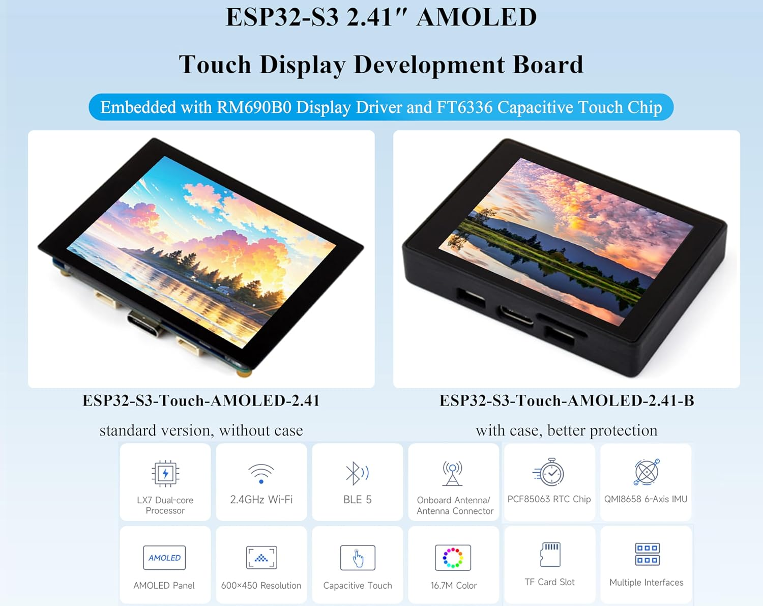 ESP32-S3 2.41Inch AMOLED Capacitive Touch Display Development Board, 600X450 Resolution 16.7M Colors, 32-Bit LX7 Dual-Core Processor, Support Wi-Fi and Bluetooth 5, Rich Interfaces (With Case) image number 5