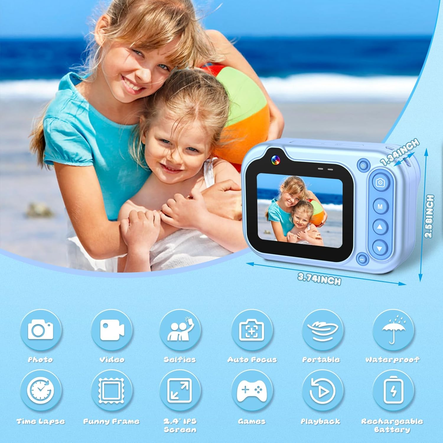 Kids Waterproof Camera - Underwater Camera Birthday Gifts for Girls Boys Children Digital Action Camera with 32GB SD Card, Pool Toys for Kids Age 4 5 6 7 8 9 10 - Blue image number 3