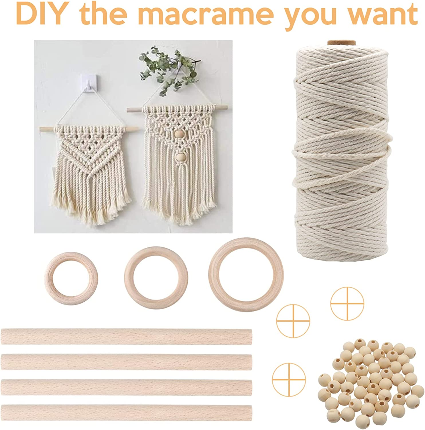 Macrame Kit Worthplanet 115Pcs Macrame Cotton Cord 3Mm 109 Yards Macrame Supplies Starter Kit with Wood Beads Wood Ring Wooden Sticks Needle Threader for Crafts Plant Hangers W200022 image number 4