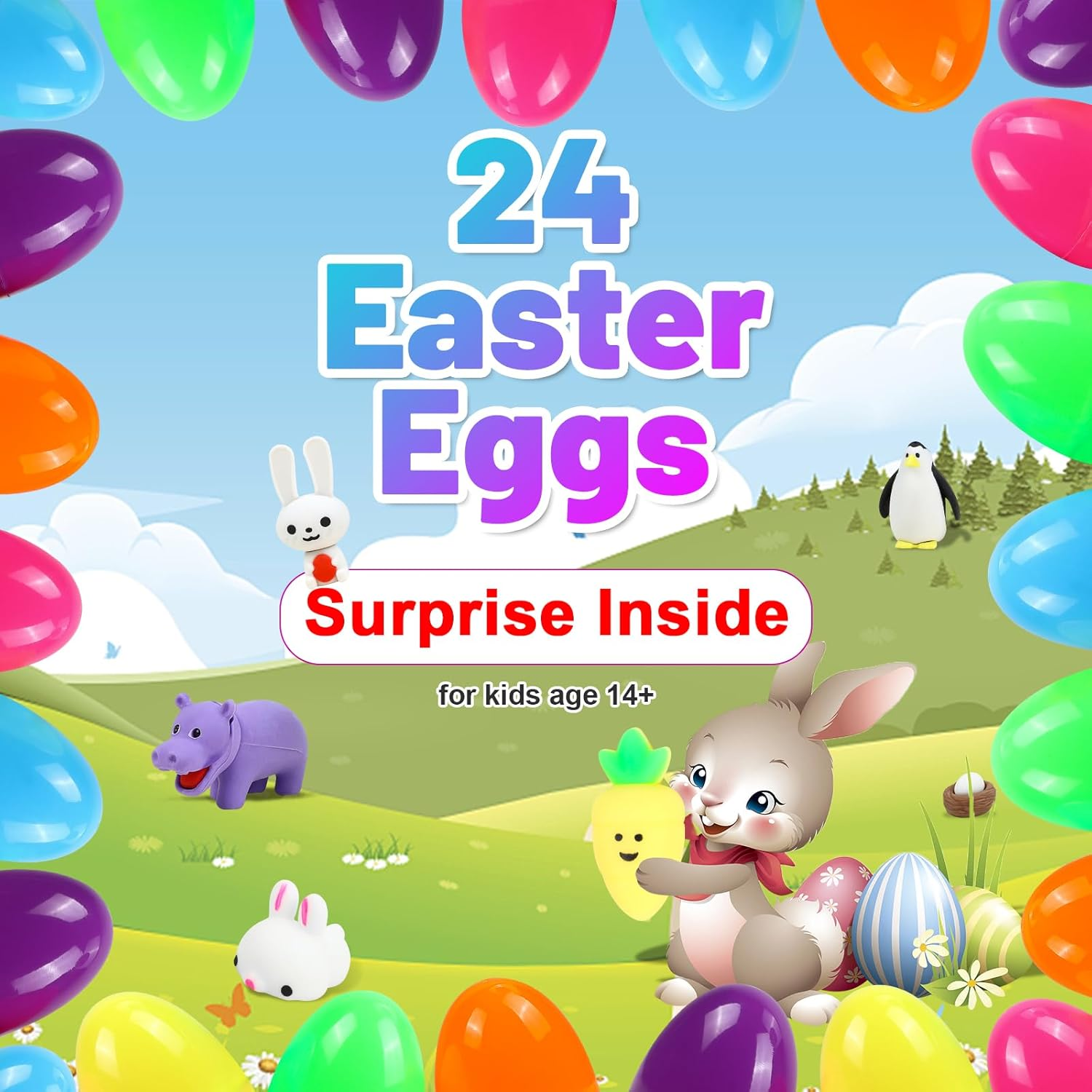 Moomoo Baby Prefilled Easter Eggs with Toys inside Colorful Bright Plastic Easter Egg, Perfect for Easter Egg Hunt, Easter Basket Stuffers Fille, 24PCS image number 3