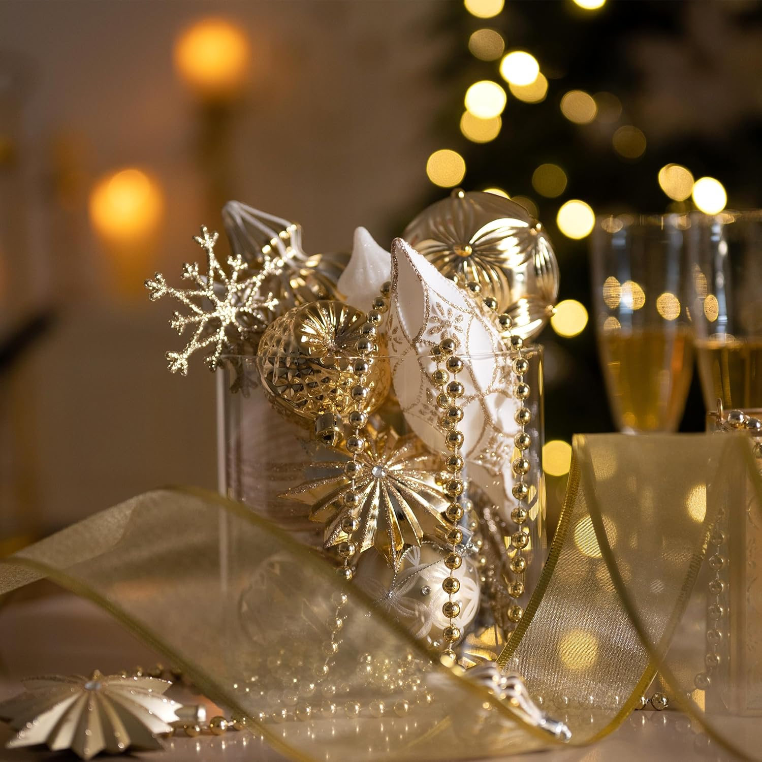 Valery Madelyn Christmas Tree Ornaments Set for Valentines, 80Ct White and Gold Shatterproof Christmas Tree Decorations Bulk, Luxury Hanging Ball Ornaments for Xmas Trees Holiday Wedding Decor image number 4