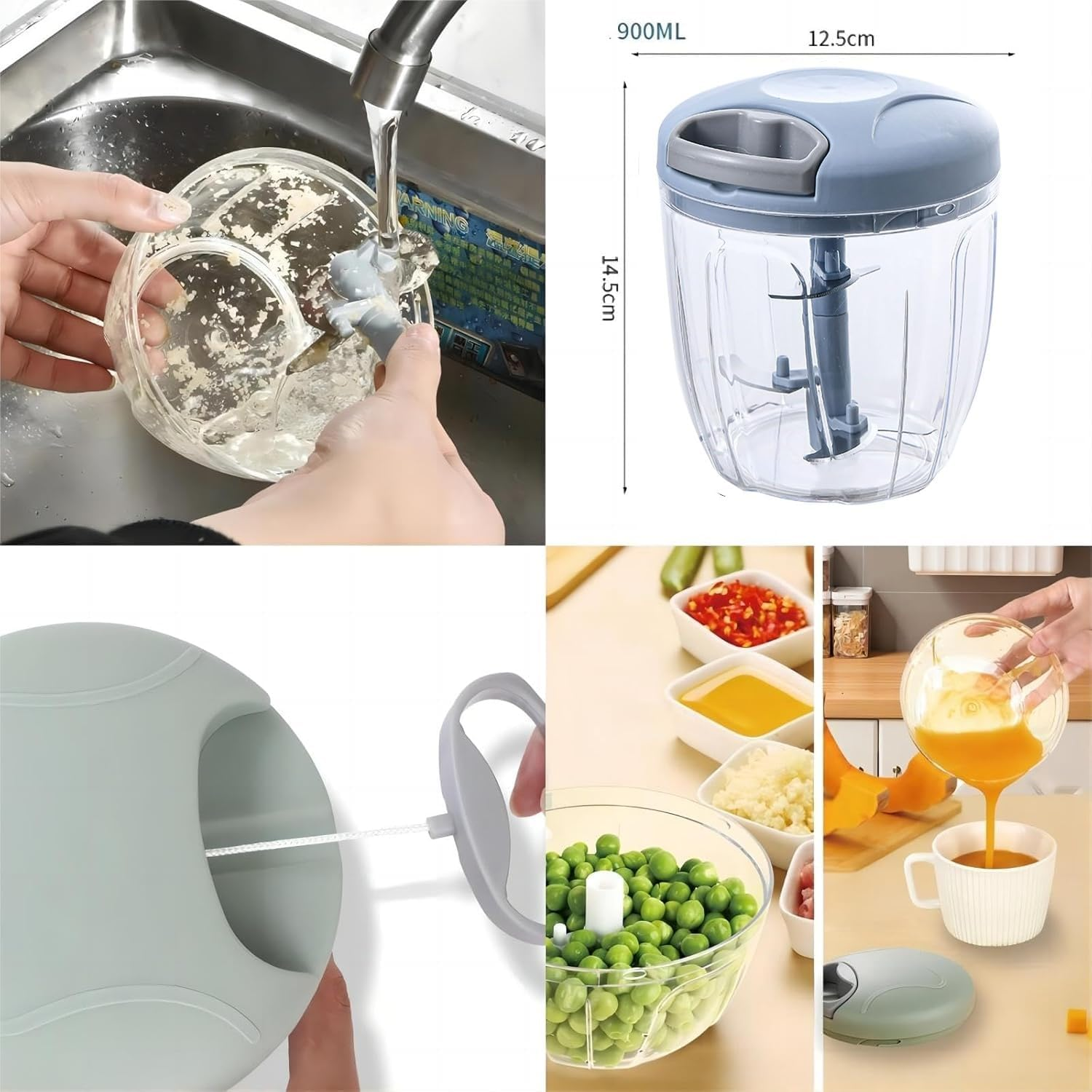 900Ml Extra Large Manual Food Chopper Vegetable Chopper Garlic Chopper, Pull String Manual Food Processor with 5 Sharp Blades Mincer for Cutting Onions Chili Ginger Seasoning image number 4
