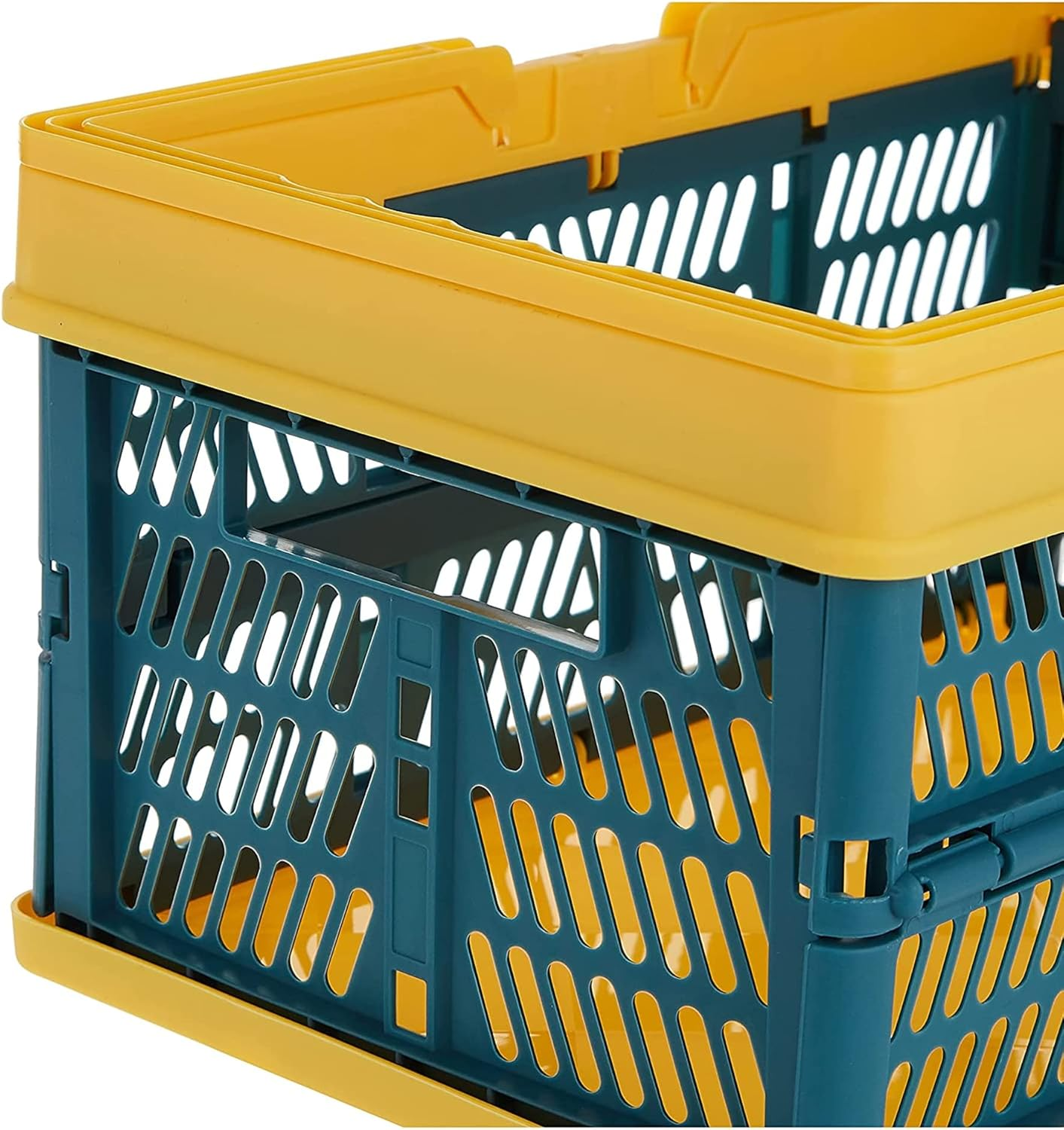 Sulfar Plastic Storage Crate, Foldable Shelf Storage Basket with Plastic Handle, Bins for Food, Fruit, Vegetables, Snacks Bottle Toys Toiletries, Home Kitchen, Office Storage Box - Yellow