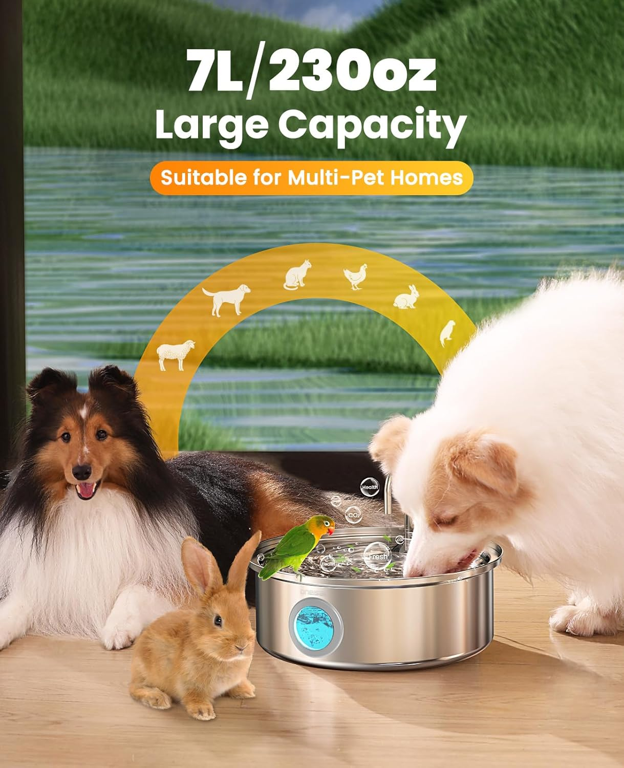 Oneisall Dog Fountain, 7L, Stainless Steel, LED Light, Ultra Quiet Pump, 5 Layer Filtration, Perfect for Dogs & Cats image number 1