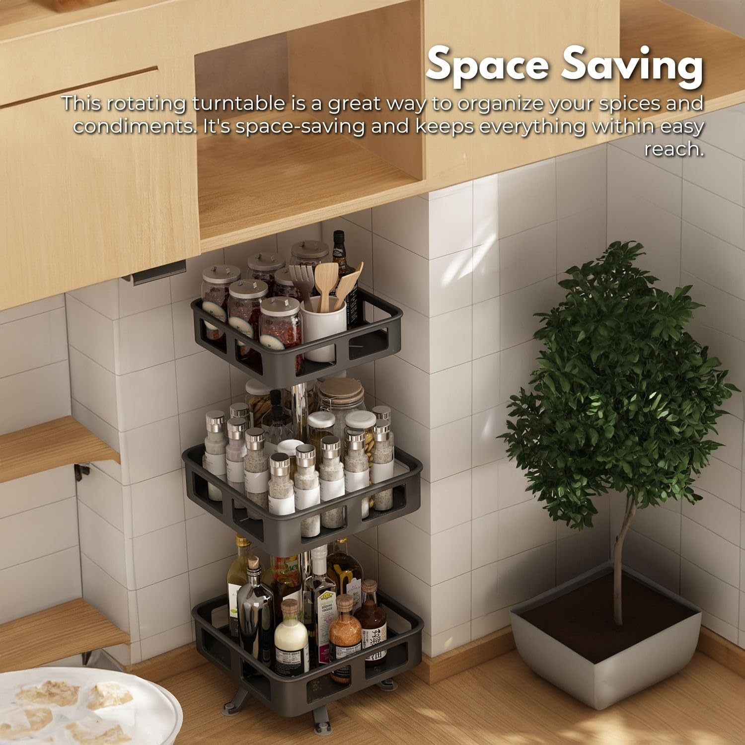 Gominimo Spice Rack 3 Tier Rotating Square Shape, 360&deg; Rotation, Multi-Layer Spice Rack Organiser, Rust-Resistant, Adjustable Carbon Steel Tray, Easy to Clean, Black image number 3