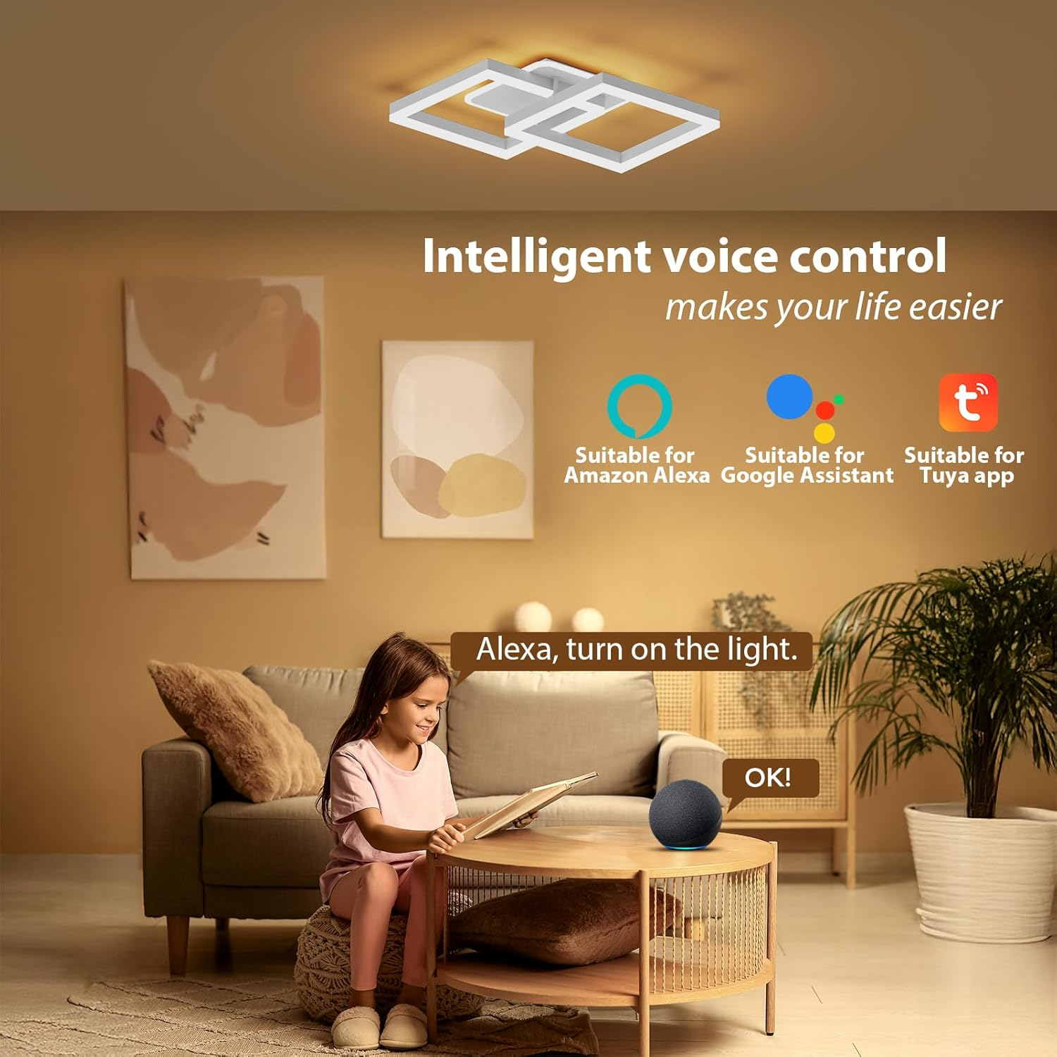 40W LED Ceiling Light, Compatible with Alexa, APP Control, Remote Control, Dimmable Ceiling Light 3000K-6500K, with Night Light Memory Function for Living Room, Dining Room, Bedroom (White) image number 1