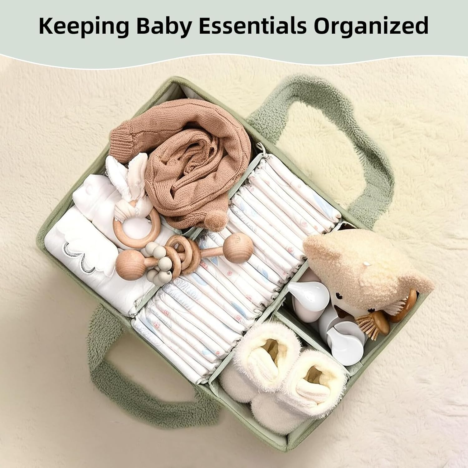 Baby Diaper Caddy Organizer, Portable Nursery Nappy Storage Basket for Diapers, Wipes and Baby Essentials (Green) - Green image number 4