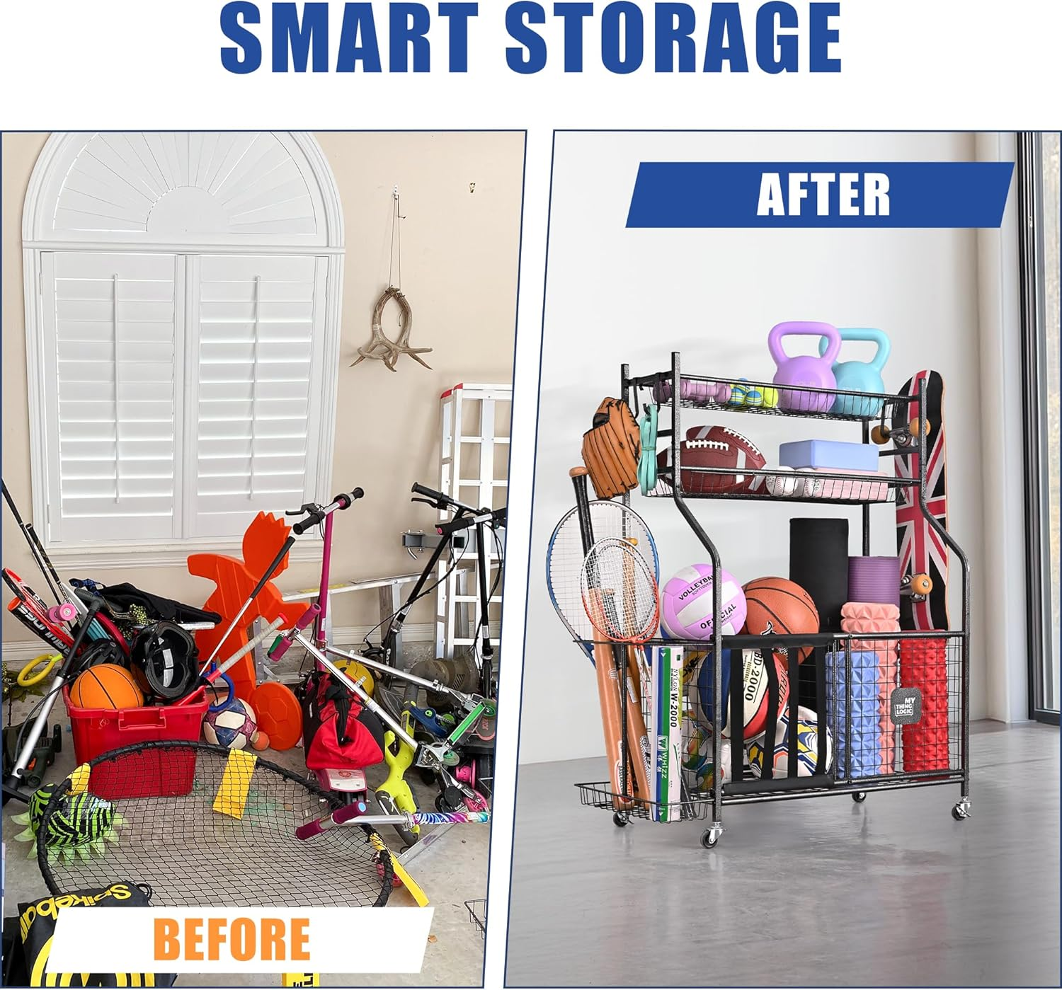 Mythinglogic Garage Storage System, Garage Organizer with Baskets and Hooks, Sports Equipment Organizer for Sports Gear/Toys,Garage Ball Storage for Indoor/Outdoor Use image number 3