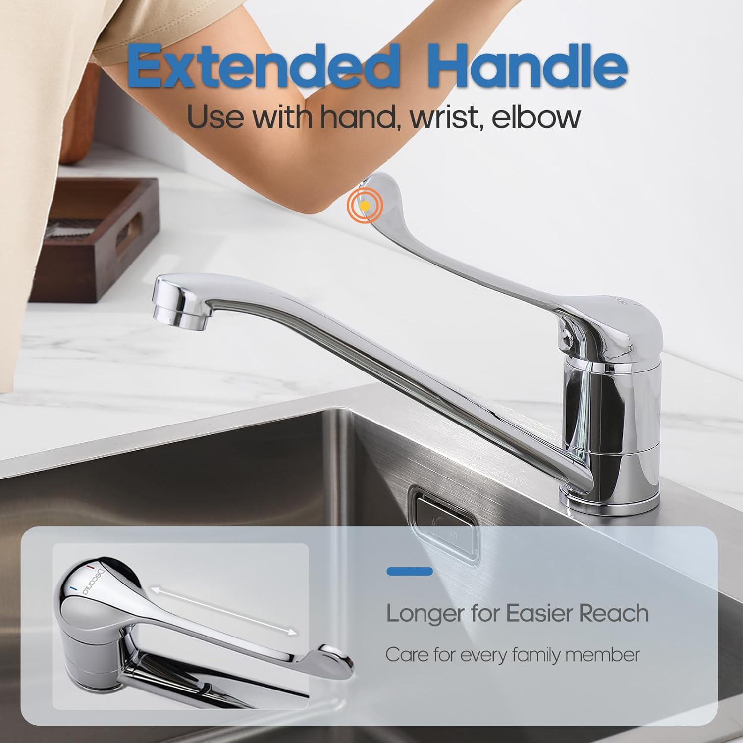 Decaura Kitchen Mixer Tap with Extra Long Handle, Lead-Free 360&deg; Swivel Spout Laundry Sink Tap, Designed for Seniors and Easy Accessibility (Chrome) image number 1