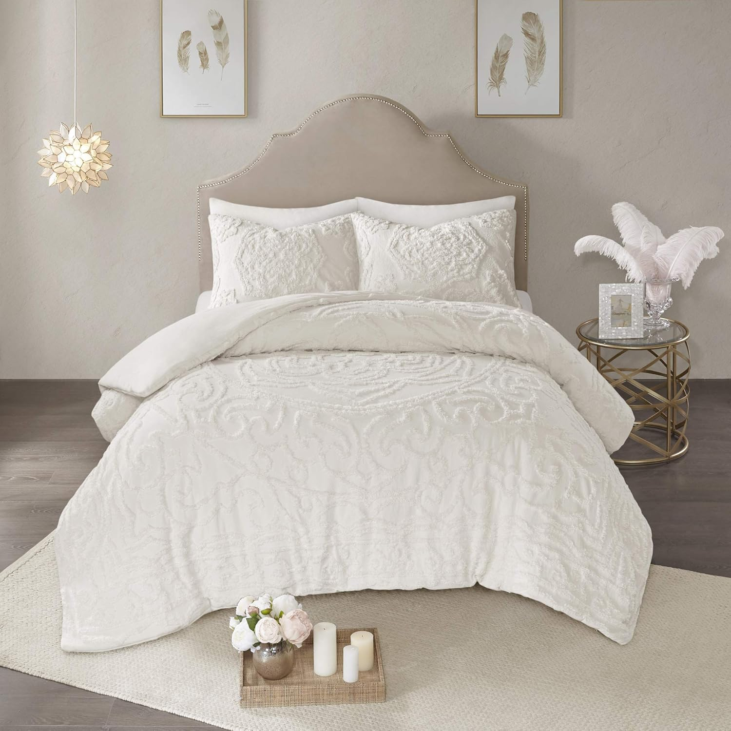 Madison Park Laetitia Comforter Bohemian Tufted Cotton Chenille, Medallion Shabby Chic All Season down Alternative Bed Set with Matching Shams, Floral off White Full/Queen(90"X90") 3 Piece image number 6