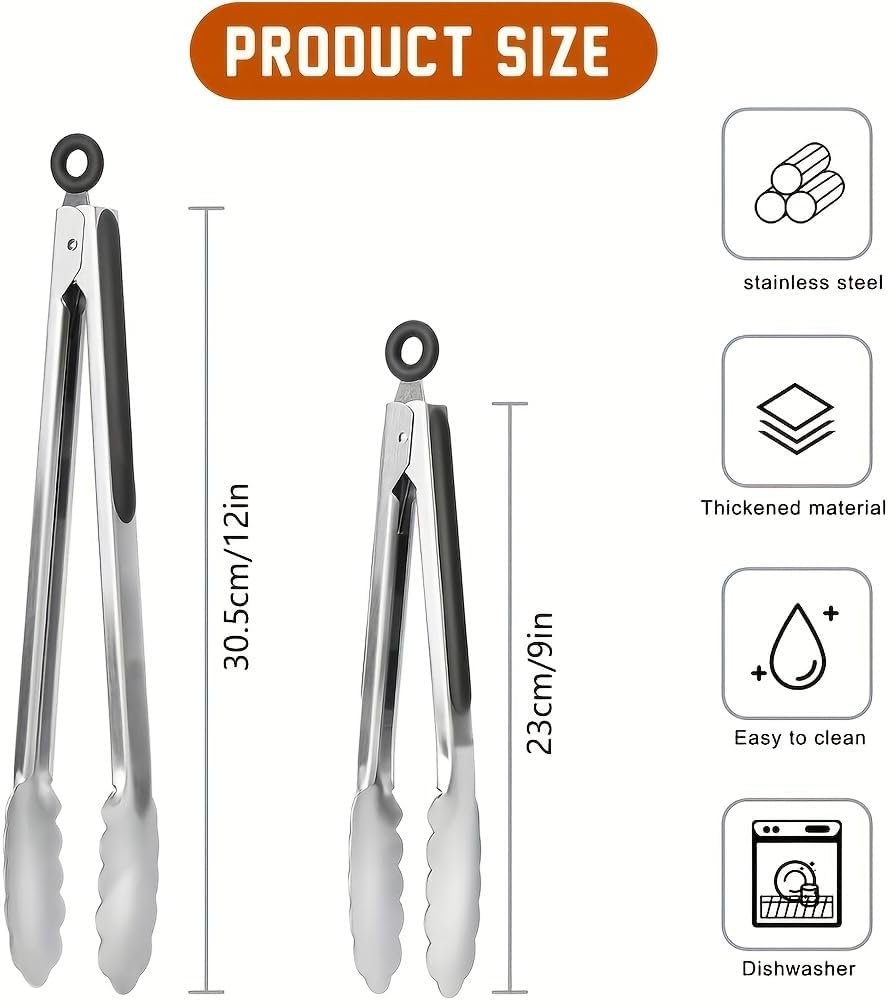 2 PCS Kitchen Tongs Stainless Steel 12'' & 9'' Easy-Brush Lockable Heat Resistant Non-Bpa Silicone Grips for Grill Camping Cooking by ZOLOTI image number 2